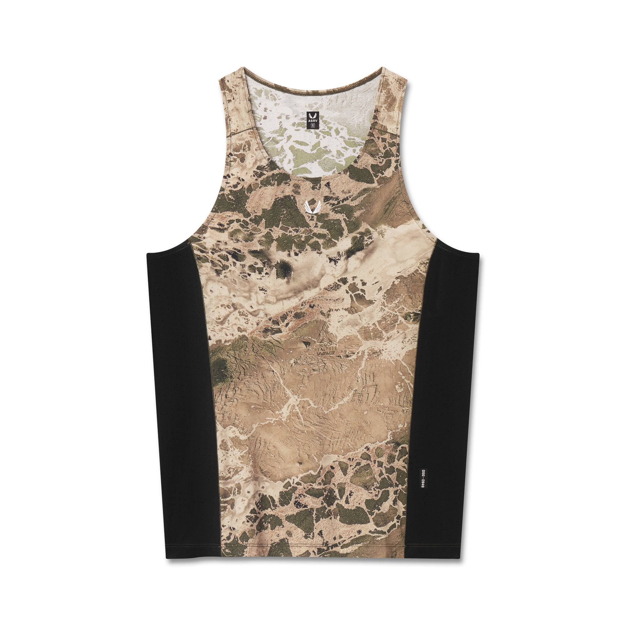 flatlay Laser-Vent Singlet Tank in tan and black Realtree WAV3 camo, front view