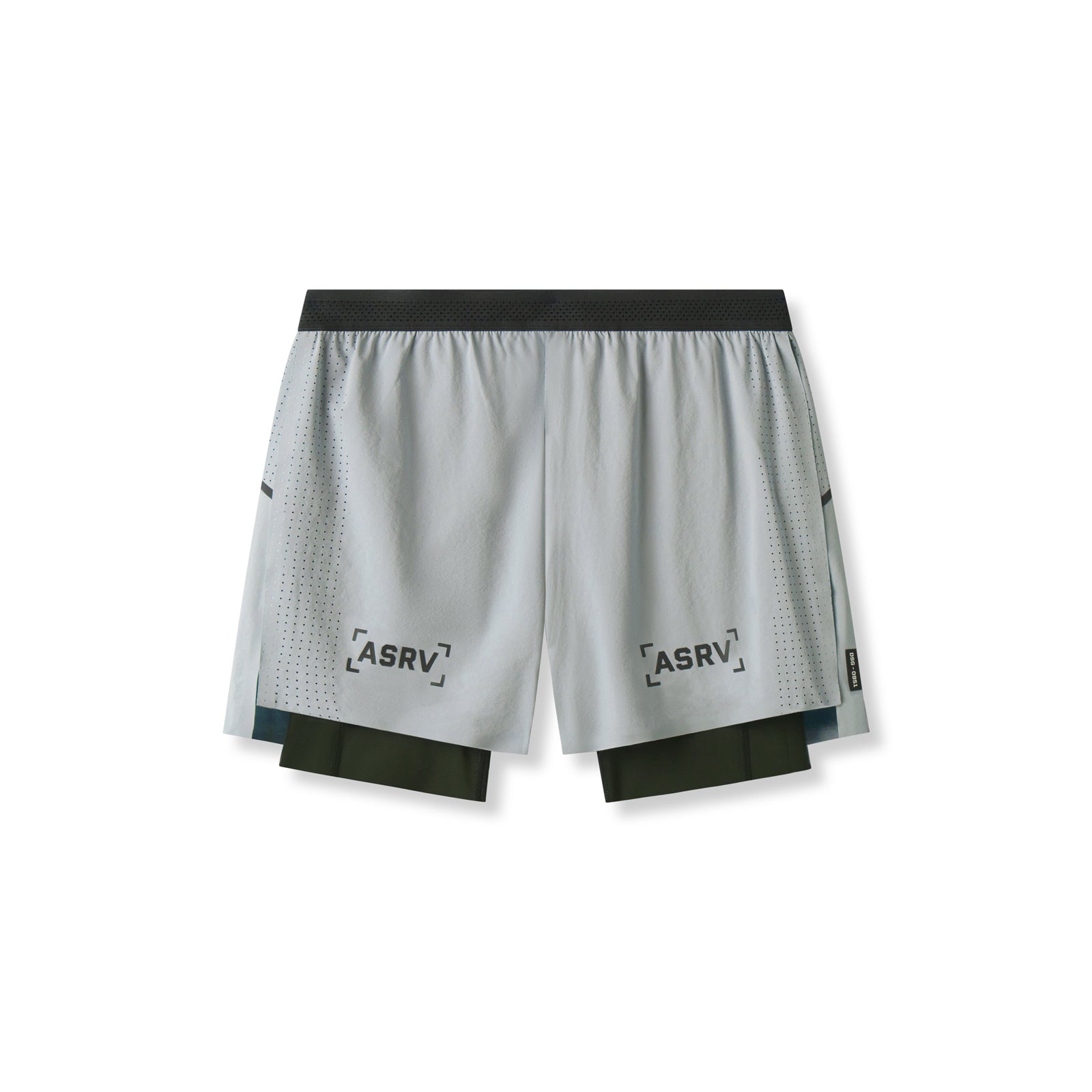 flatlay ASRV Aerotex 4" High Split Liner Short in slate grey and black, front view