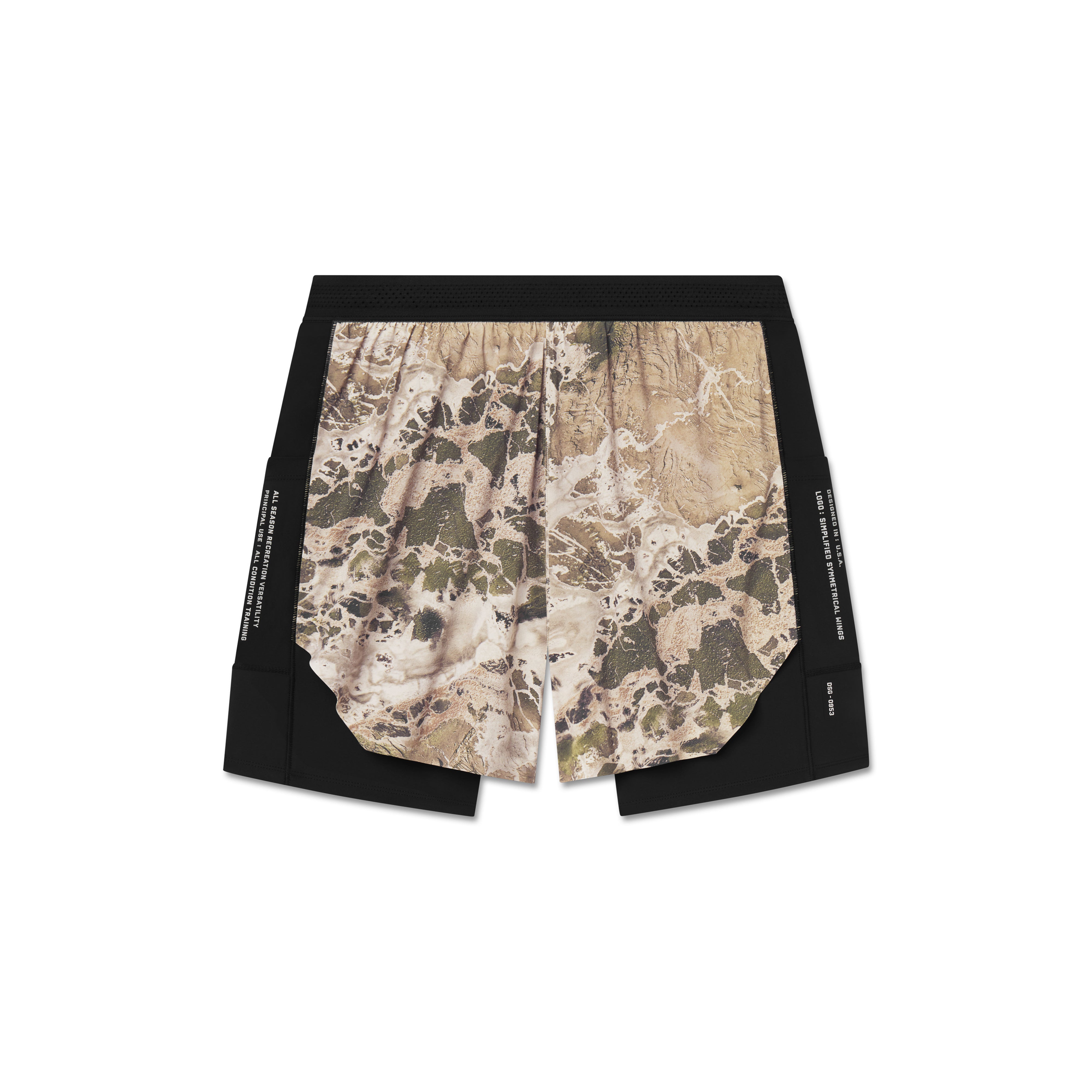 flatlay Aerotex™ Hybrid Liner Short in black with Realtree® WAV3 camo print, top view