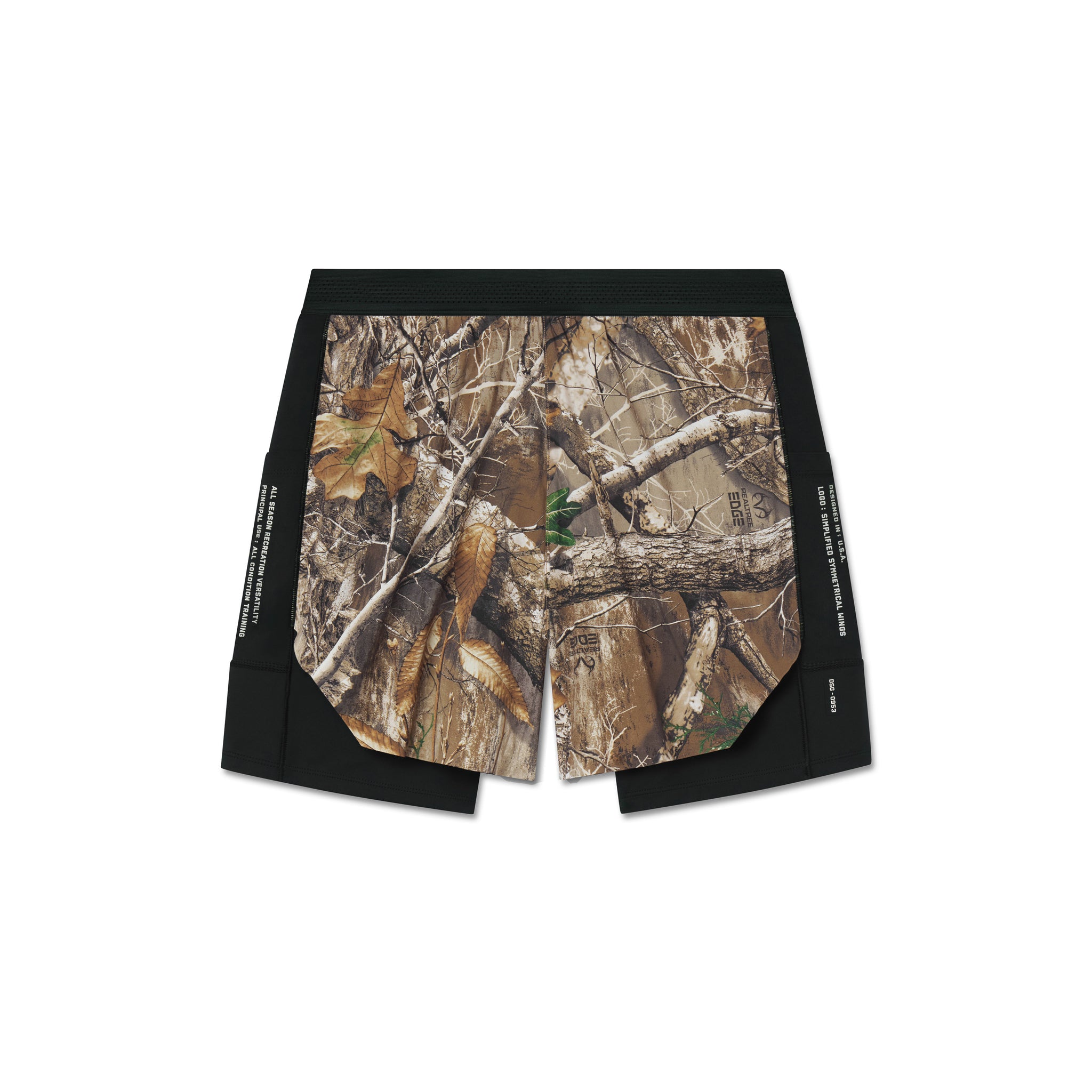 flatlay Aerotex Hybrid Liner Short in Realtree Edge camo and black, front view