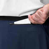 Aerotex™ Hybrid Liner Short in Navy with Black waistband, model demonstrating hidden zippered pocket