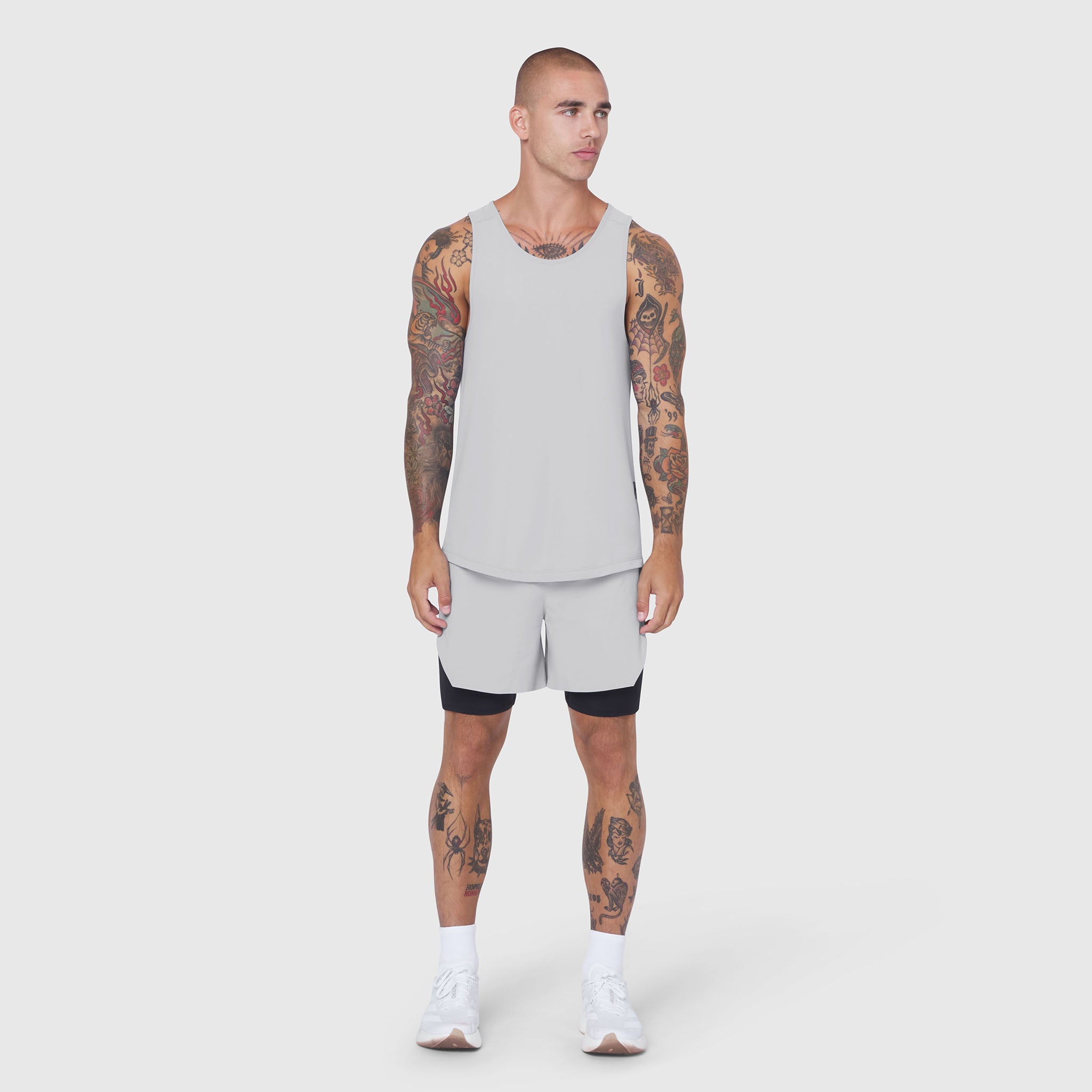 Laser-Vent™ Tank Top in Slate Grey worn with matching shorts, front view on model
