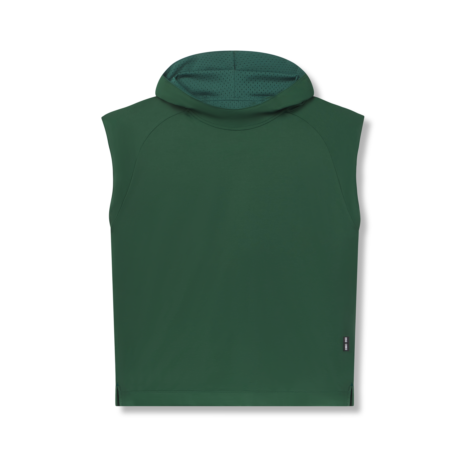 Flatlay of reversible 2-in-1 cutoff hoodie in forest green, front view