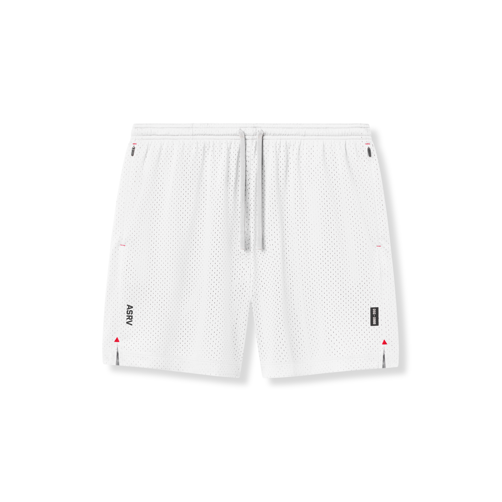 flatlay of white reversible 2-in-1 shorts with mesh texture and ASRV branding, front view