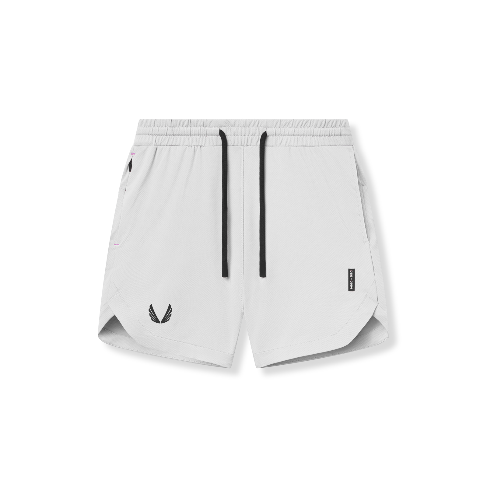 Flatlay of AeroSilver 7" linerless shorts in white, front view