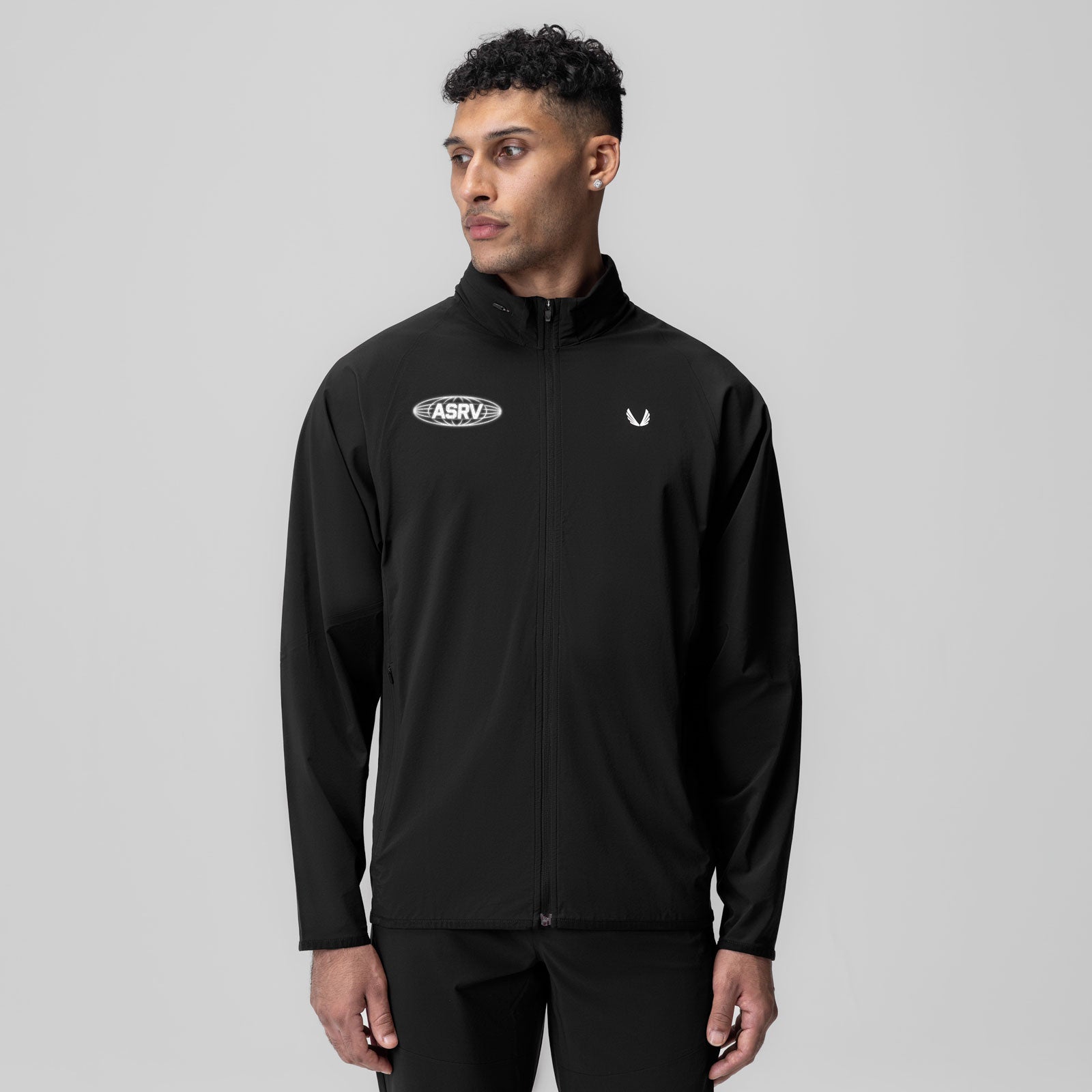 Black Aerotex Weather-Ready Bonded Windbreaker worn by model, front view