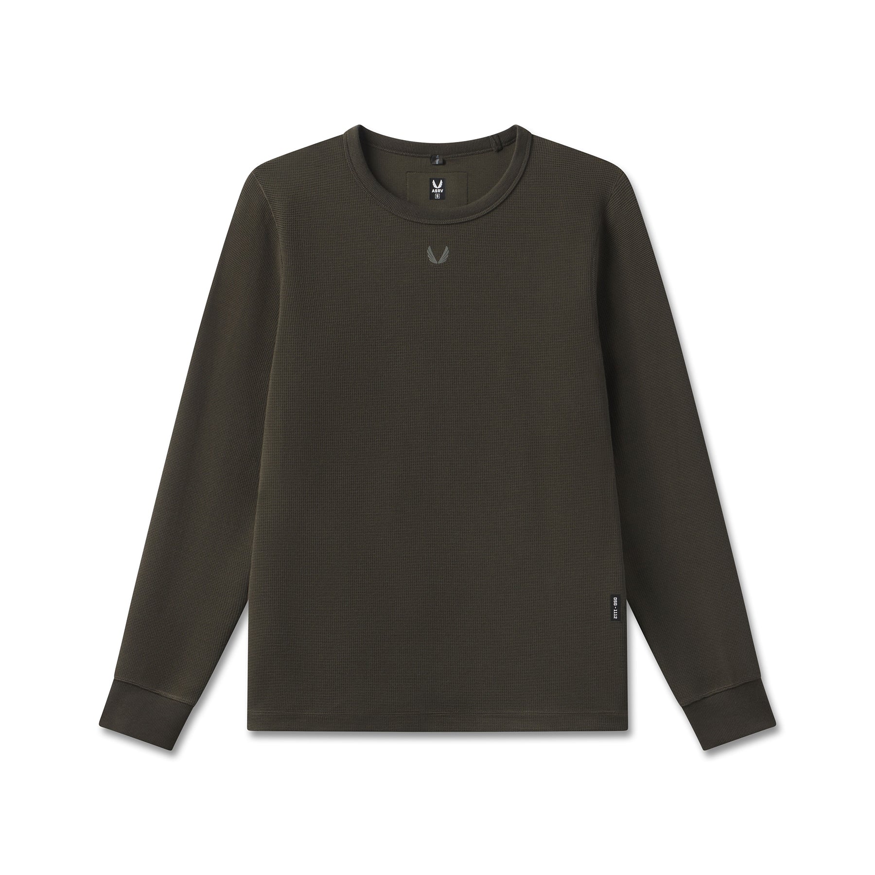 Flatlay of waffle knit longsleeve in olive, front view