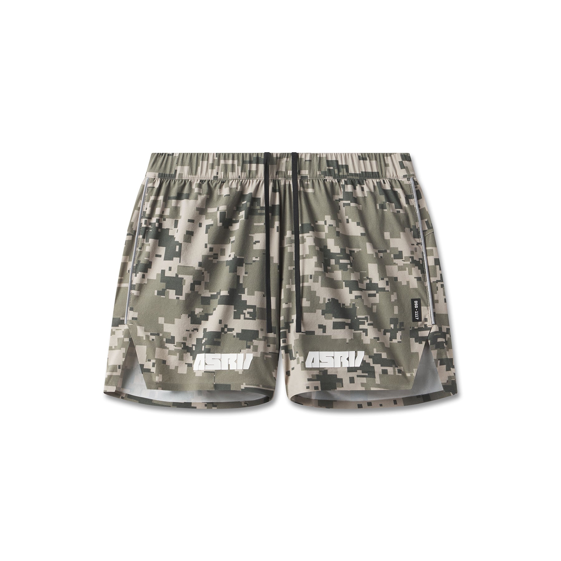 Flatlay of Aerotex™ 3" Distance Shorts in digital camo Blade pattern, front and back view