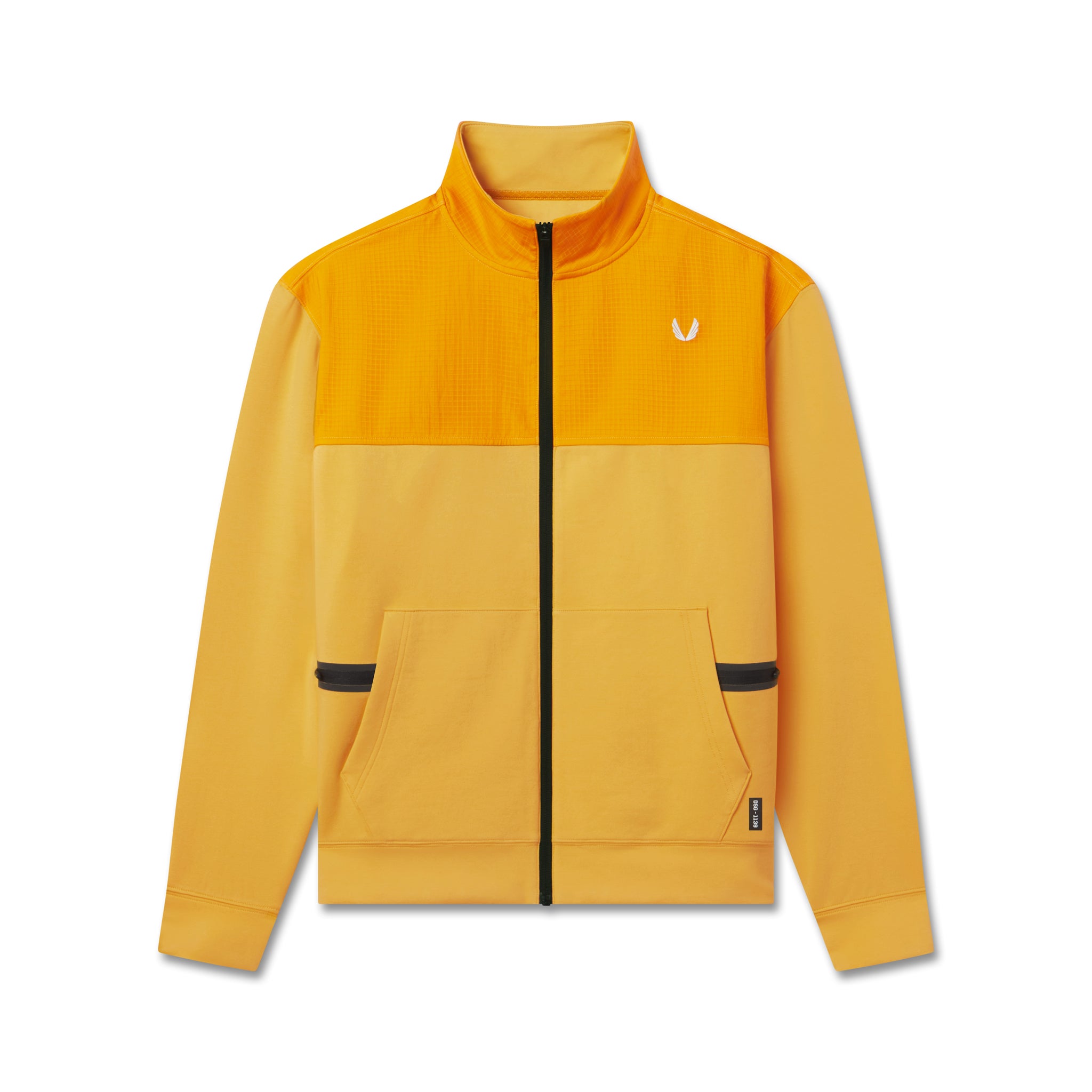 flatlay Dri-Core Sidelock Full Zip jacket in amber, front view