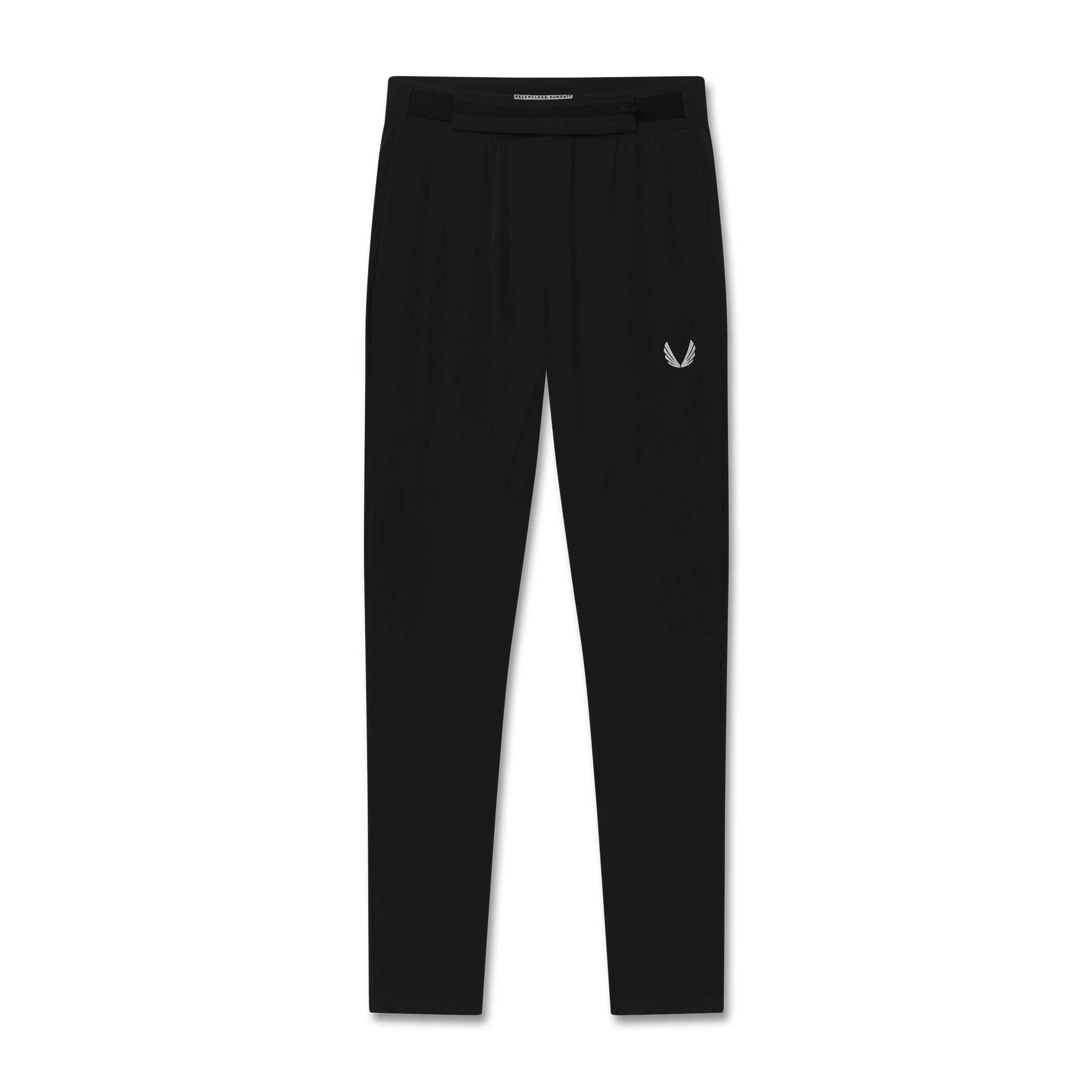 flatlay Hybrid Belt-Pack Run Jogger in black, front view