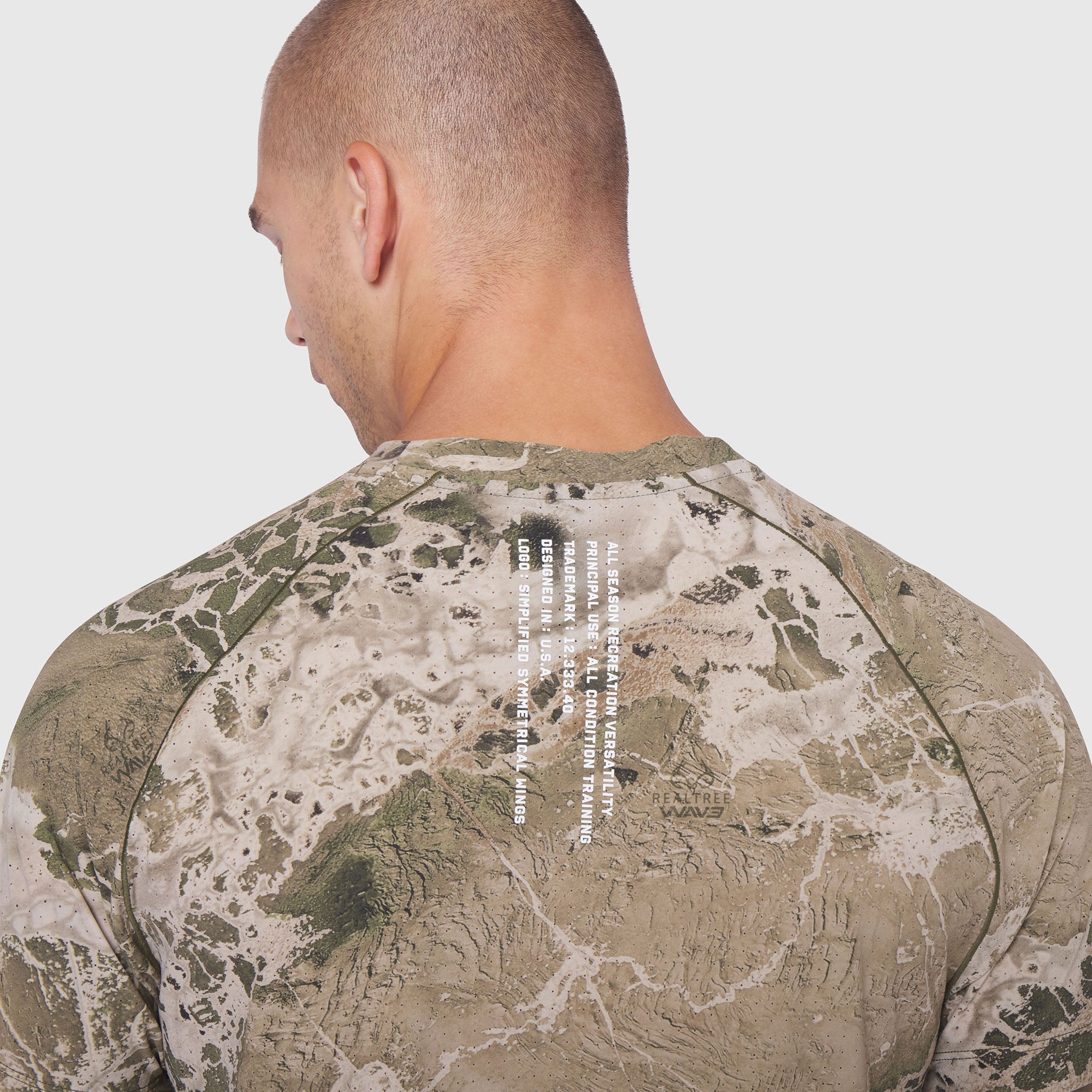 Laser-Vent Training Tee in desert camo, back view on model