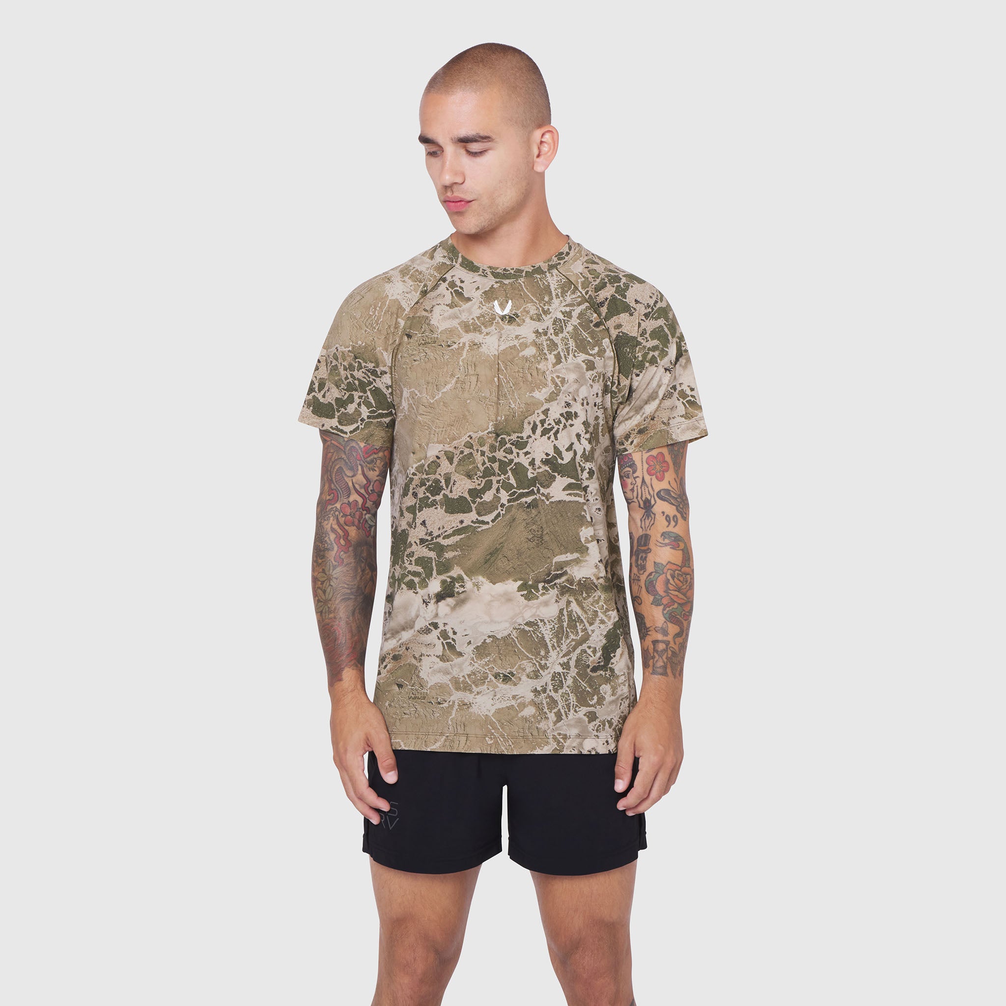 Laser-Vent Training Tee in camo, worn by model with arms at sides