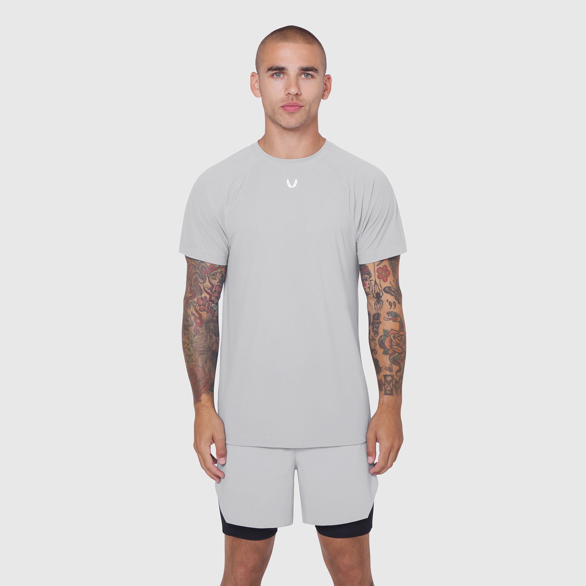 Laser-Vent Training Tee in slate grey worn by model, front view