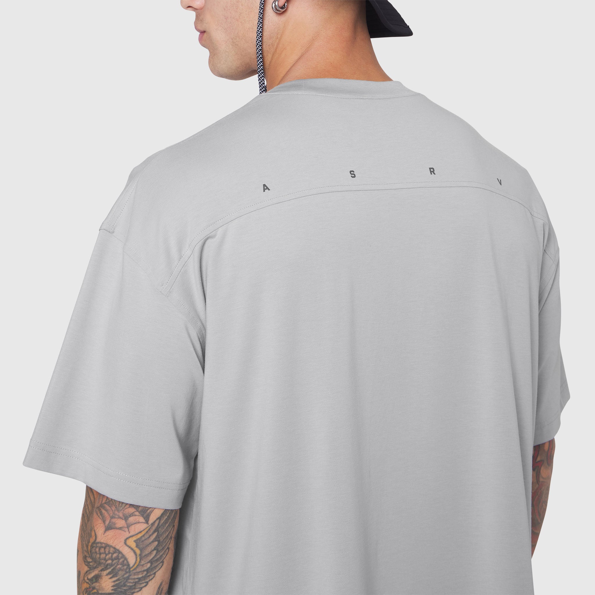 Supima Ice-Skin Reversible Tee in Slate Grey worn by model, back view