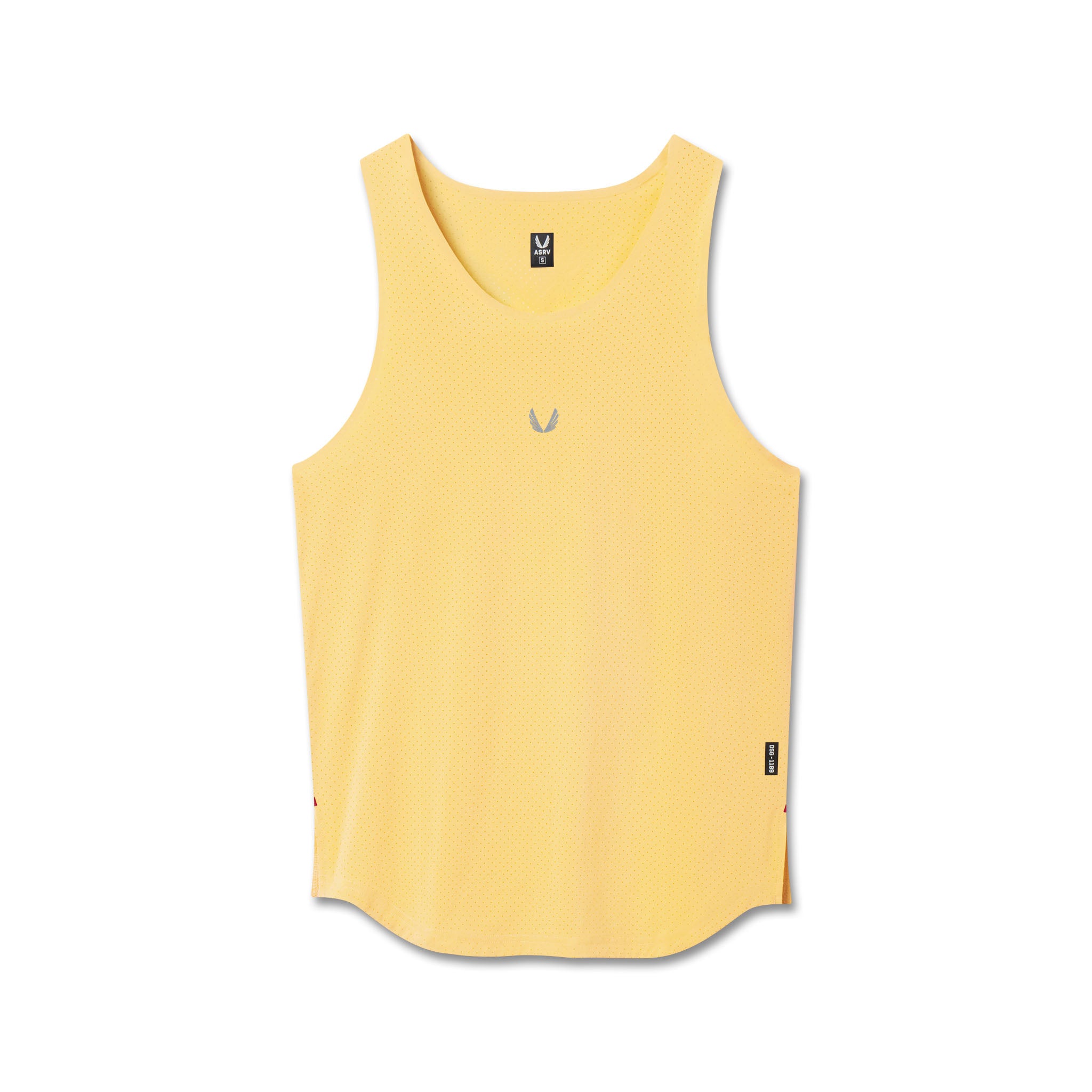 Flatlay of Aerotex Perforated Run Tank in amber yellow, front view