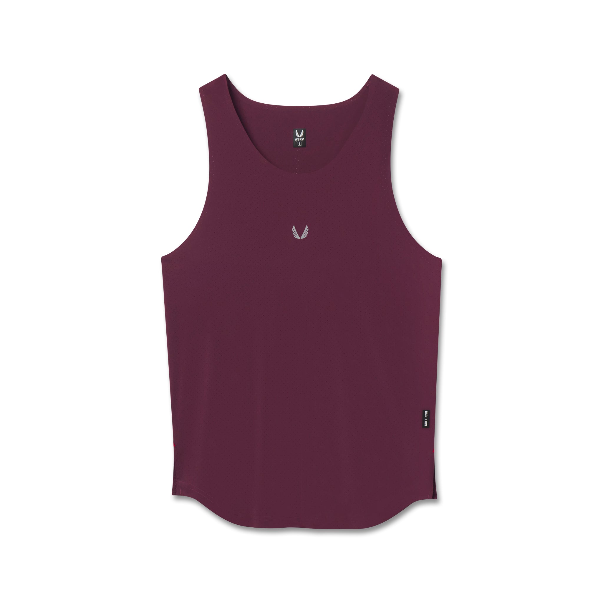Flatlay of Aerotex Perforated Run Tank in merlot, front view