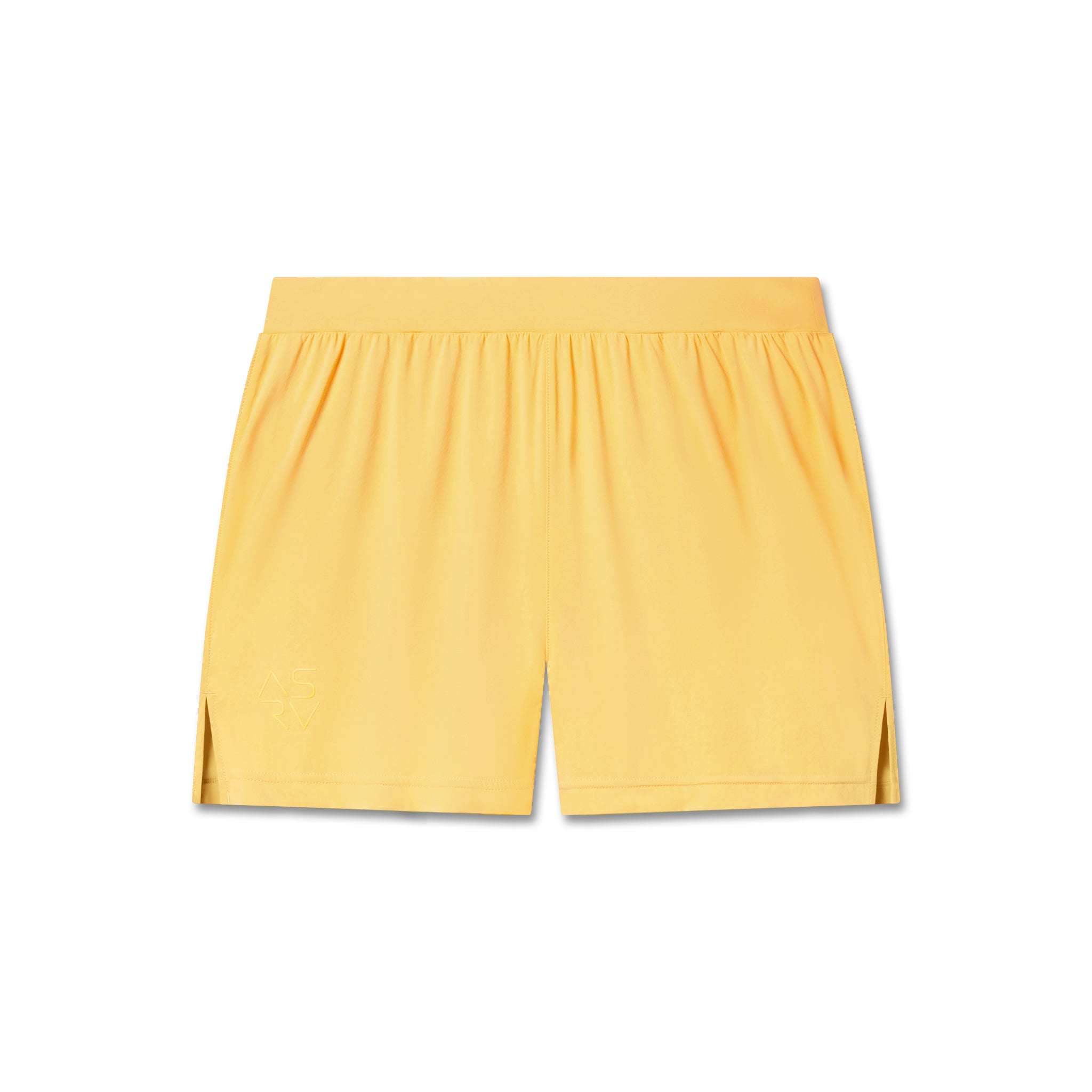 Flatlay of Aerotex Distance Run Short in amber yellow, front view