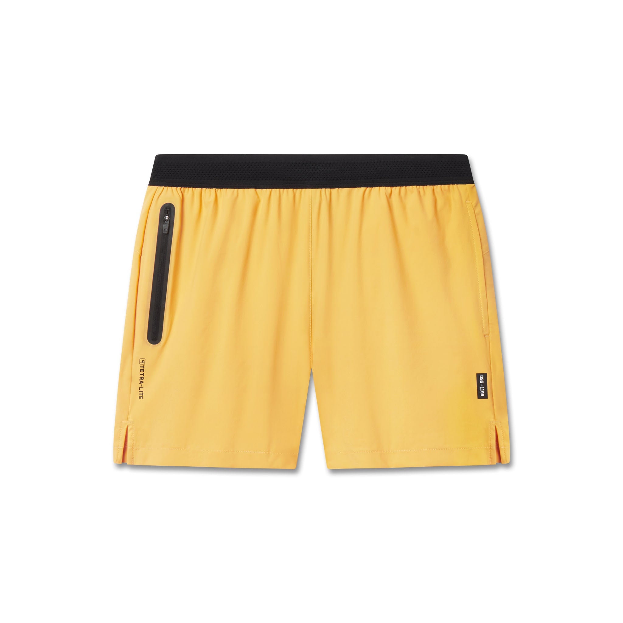 Flatlay of TETRA-LITE 5" Linerless Training Short in amber yellow with black waistband, front view