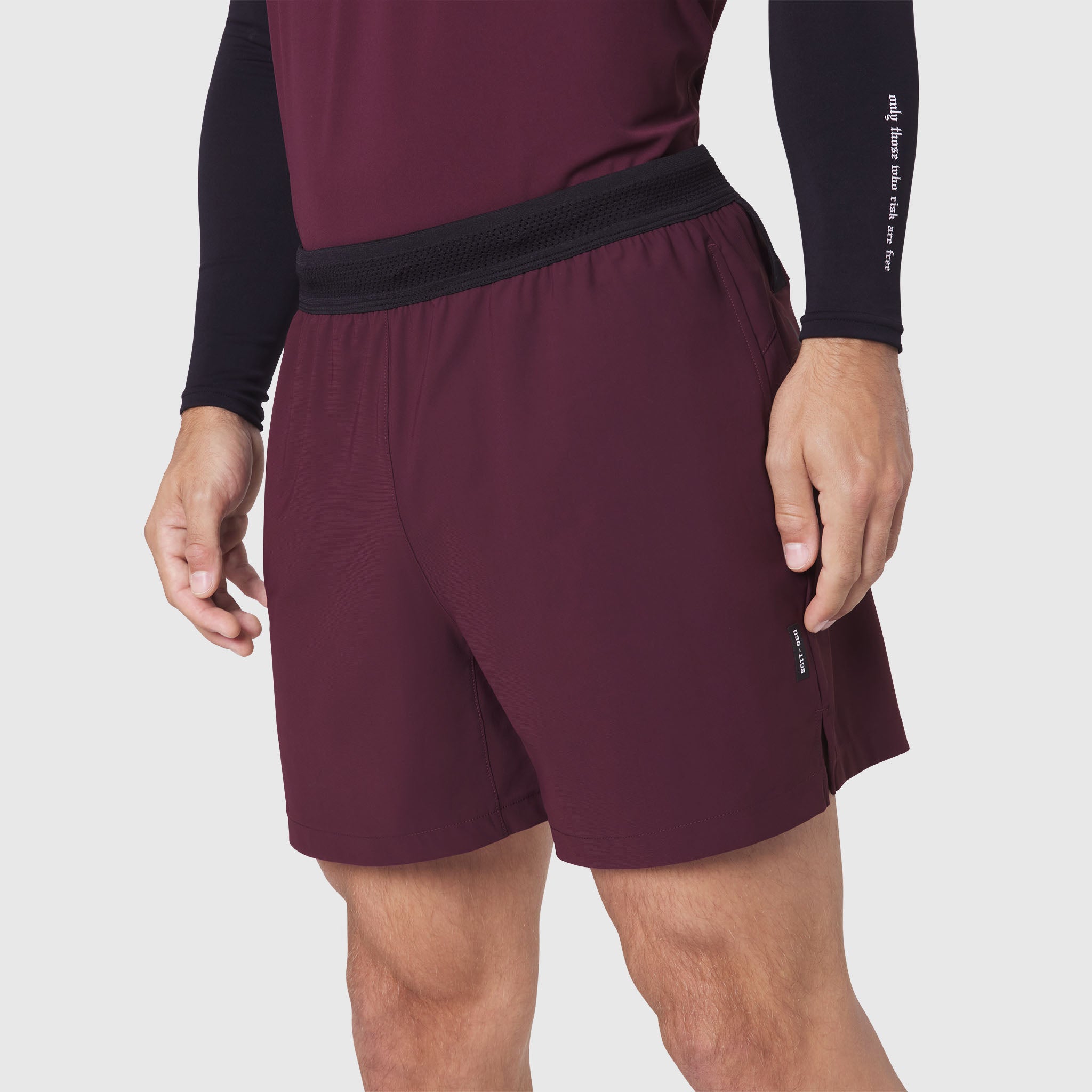 TETRA-LITE® 5" Linerless Training Short in Merlot, worn by model, front view