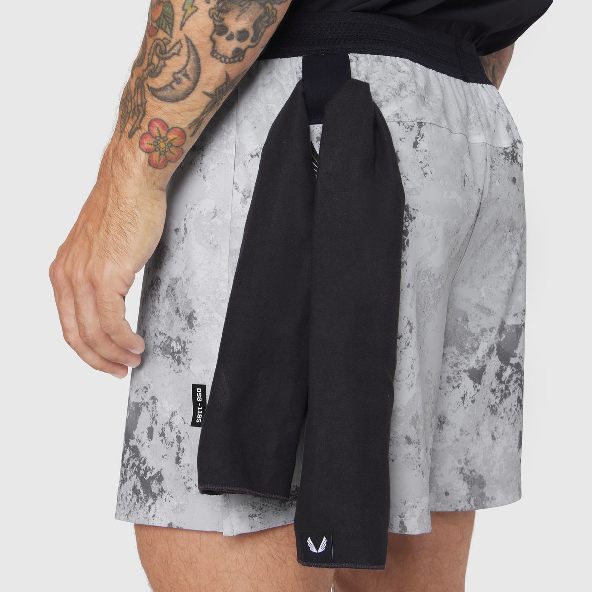 TETRA-LITE® 5" Linerless Training Short in Sedona Snow Camo worn by model, side view