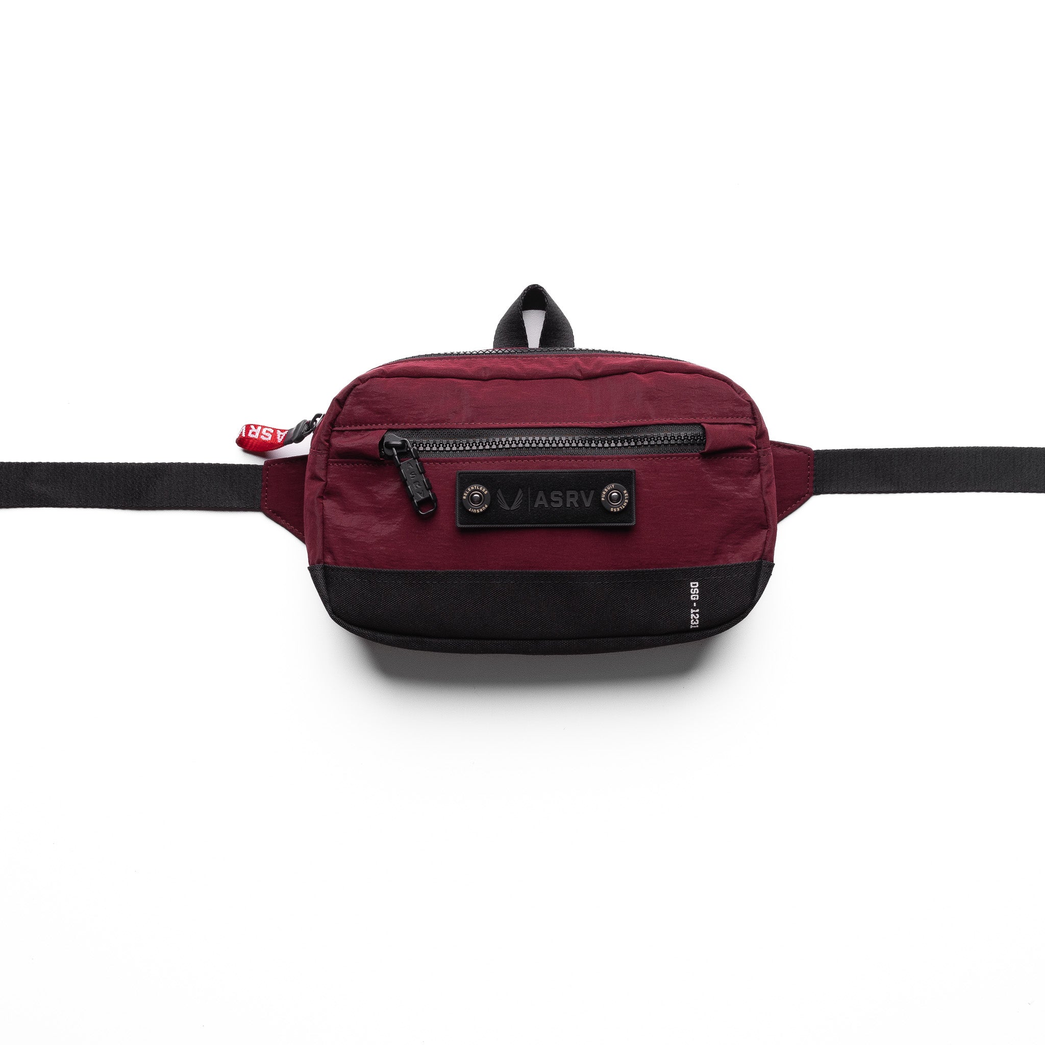 Flatlay 1231 Ripstop Crossbody Bag in crimson and black, front view