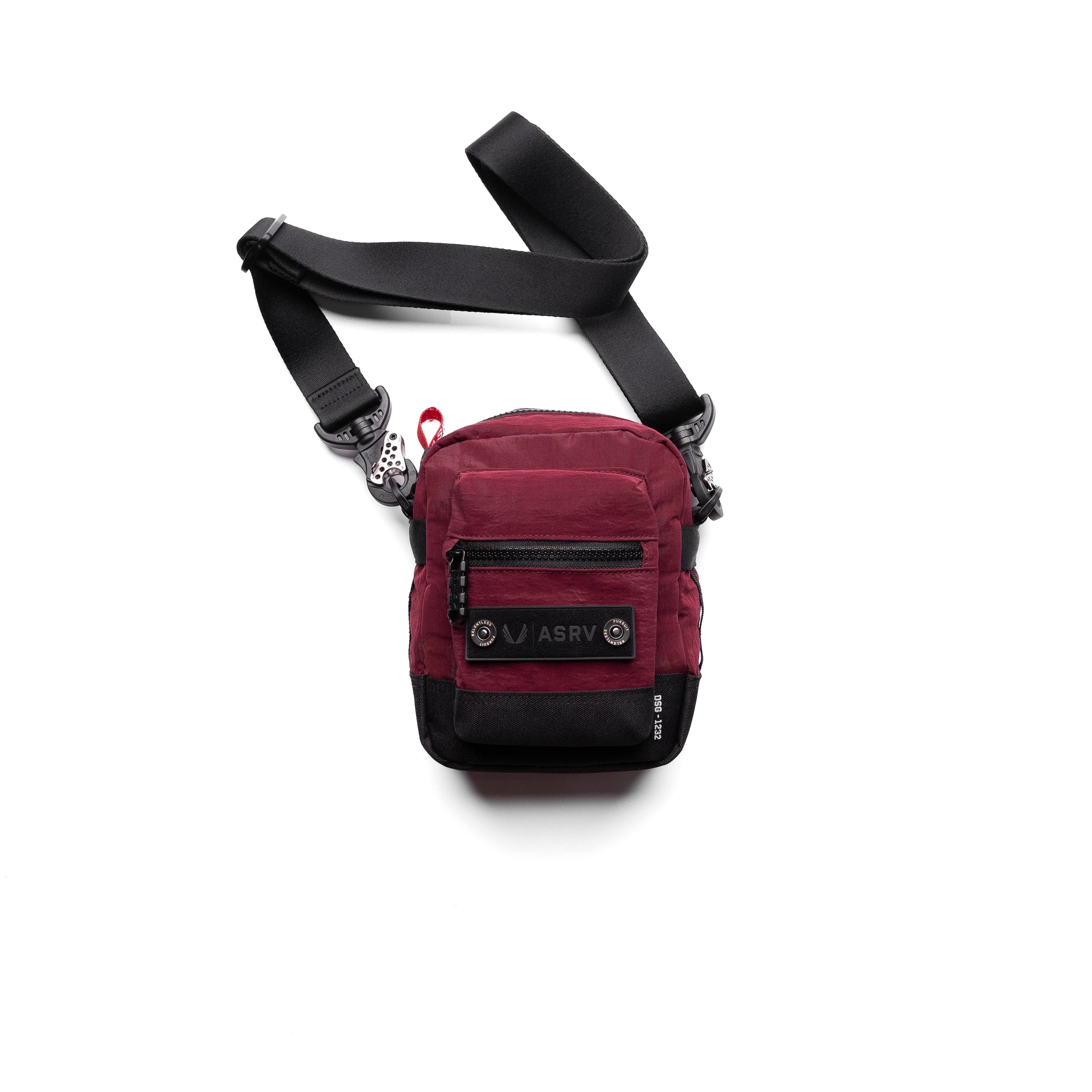 flatlay Ripstop Shoulder Bag in crimson and black, front view