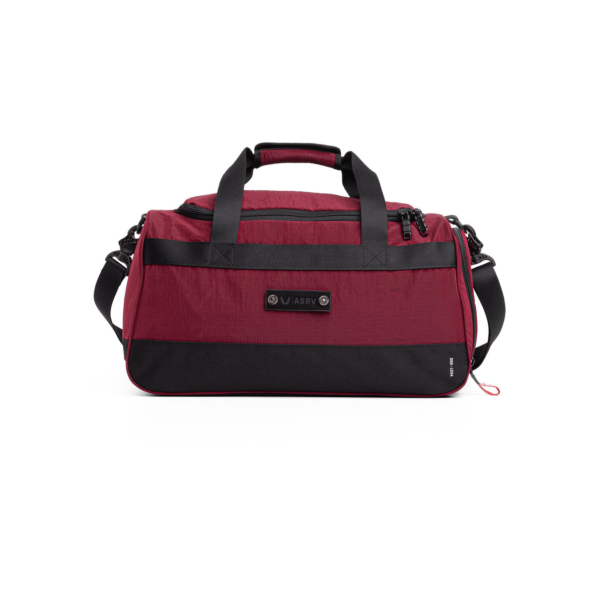 Flatlay 1234 Ripstop Duffle Bag in crimson and black, front view