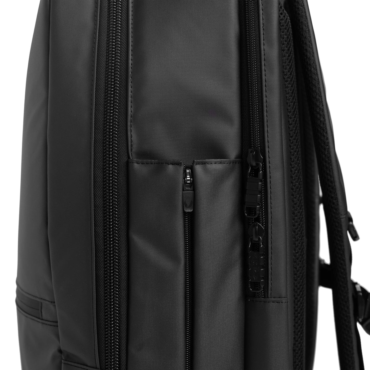 Flatlay Water Resistant Travel Backpack 30L in black, back detail view