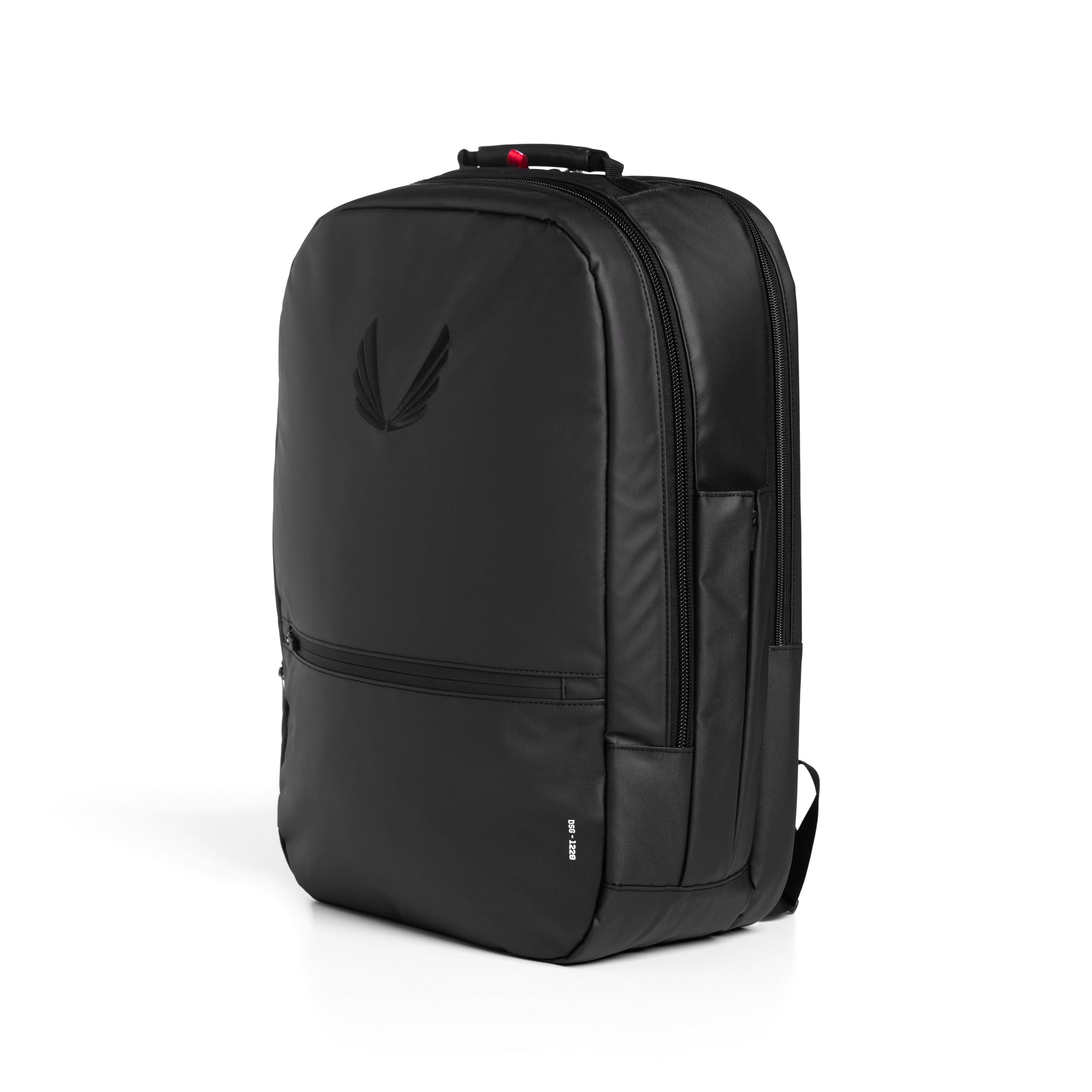 Flatlay water resistant travel backpack 30L in black, front view