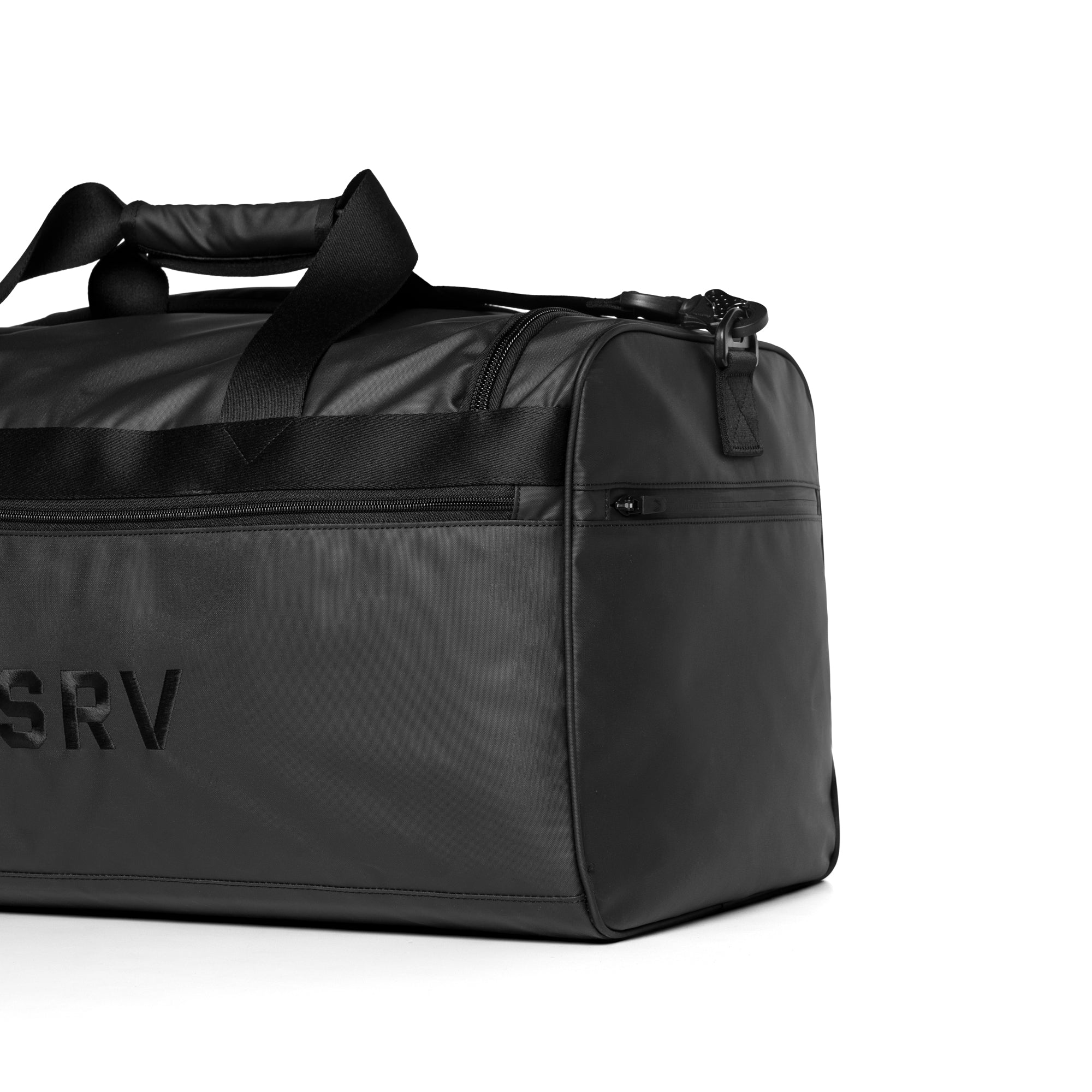 Flatlay water resistant duffle bag 55L in black, angled view
