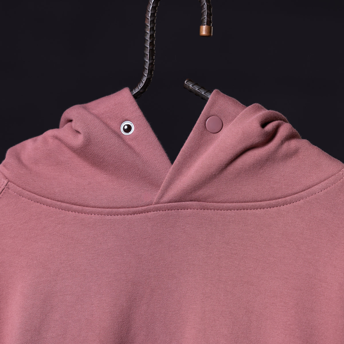 Tech Terry Eagle Hoodie in mauve pink, close-up of collar and drawstring detail