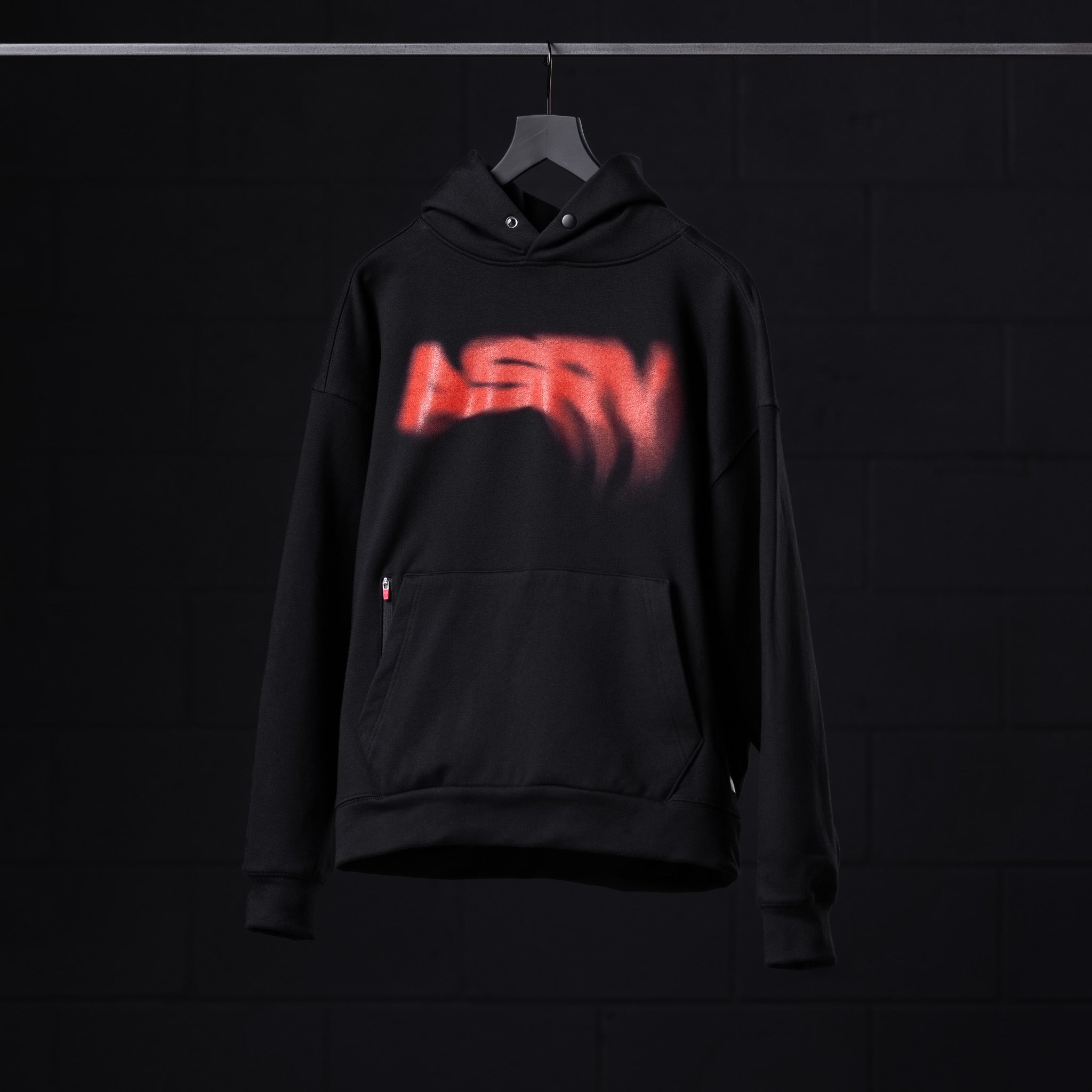Flatlay Tech-Terry Zip Pocket Hoodie in black with red 'Risk Protocol' graphic design