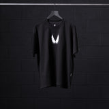 Black Tech Essential Relaxed Tee with white Motion Blur graphic, displayed on hanger