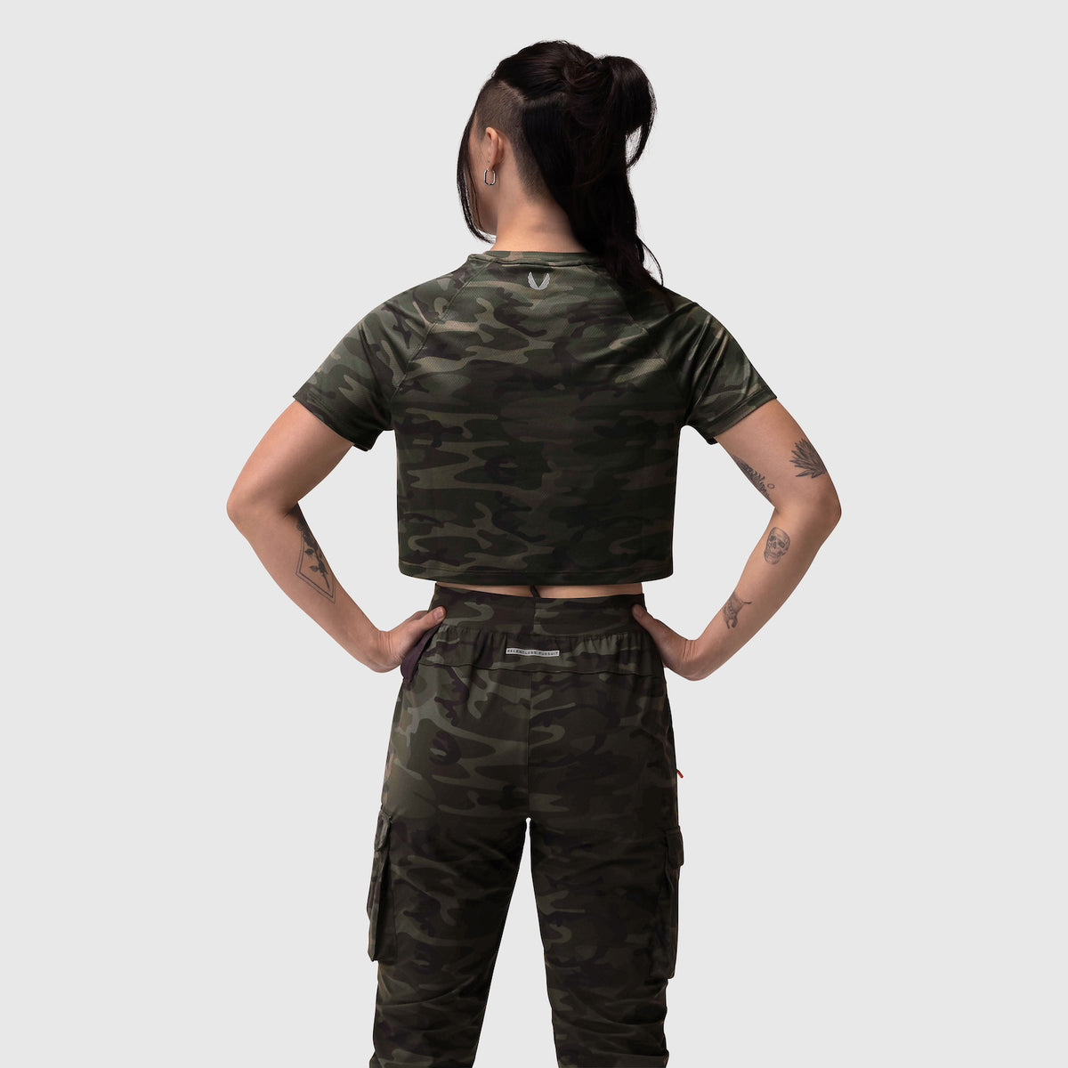 AeroSilver® Cropped Tee in dark camo, back view on model