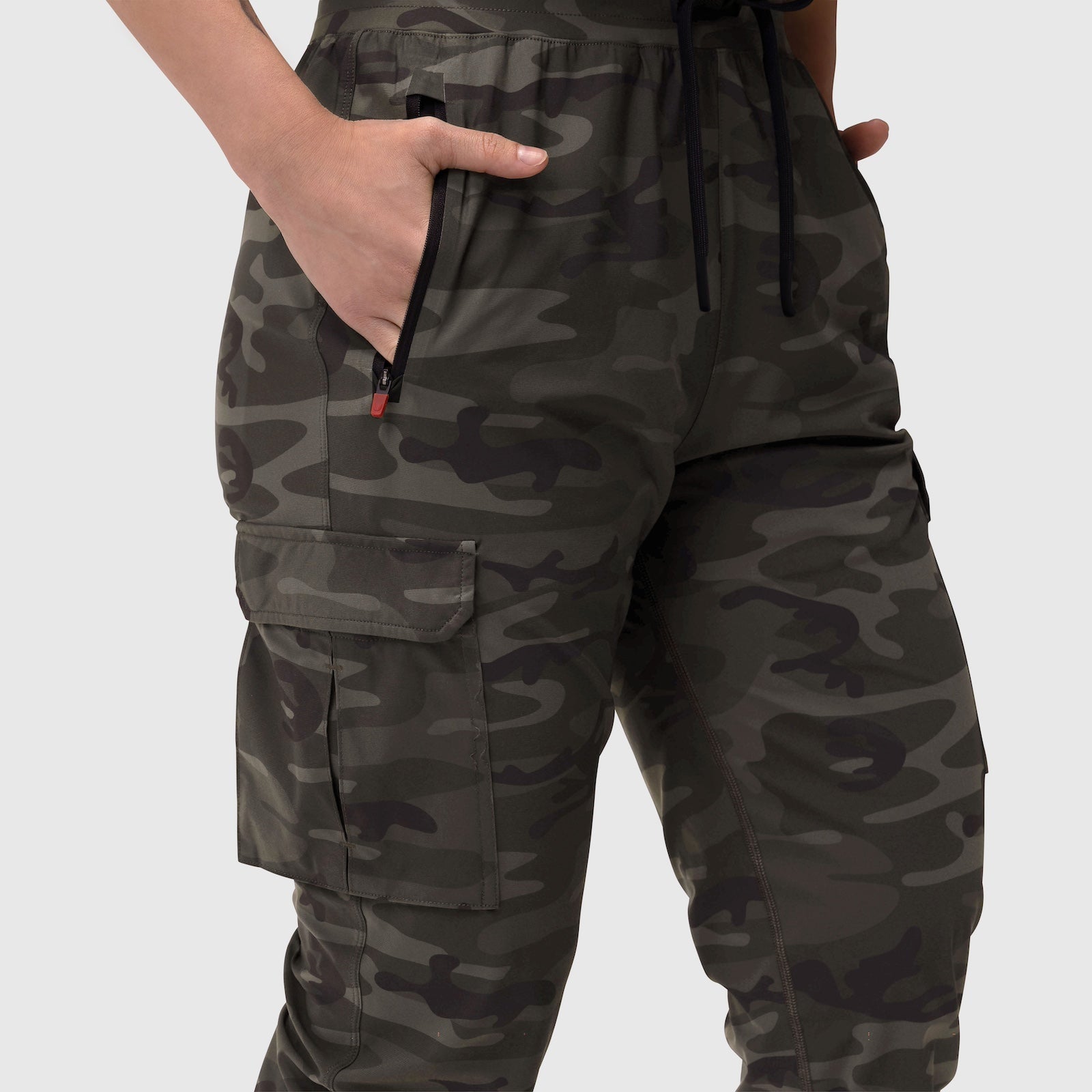 Tetra-Lite® Cargo High Rib Jogger in Dark Camo, worn by model, front view