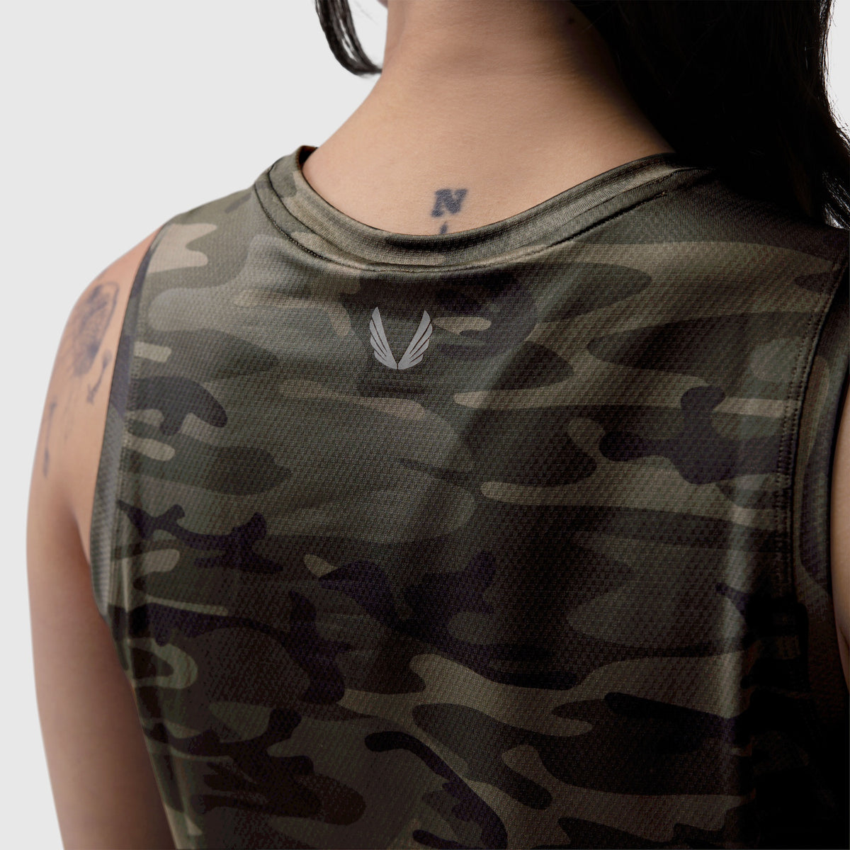 AeroSilver® Tank Top in dark camo worn by model, back view showing feather logo
