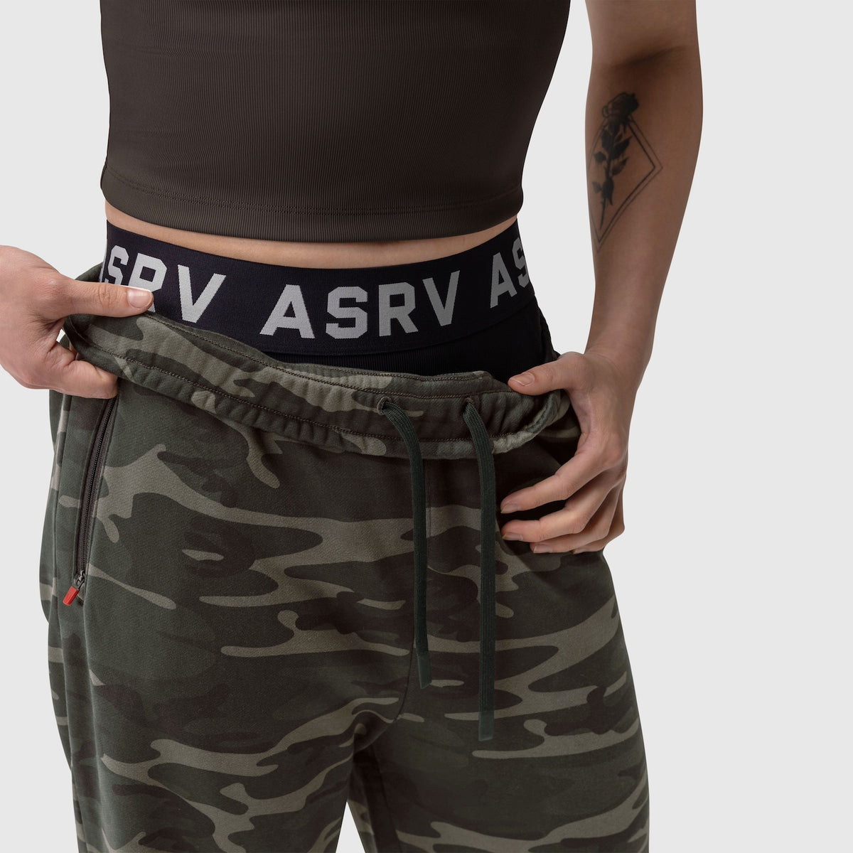 Sorona® Terry Straight Leg Sweats in dark camo, worn by model showing waistband detail