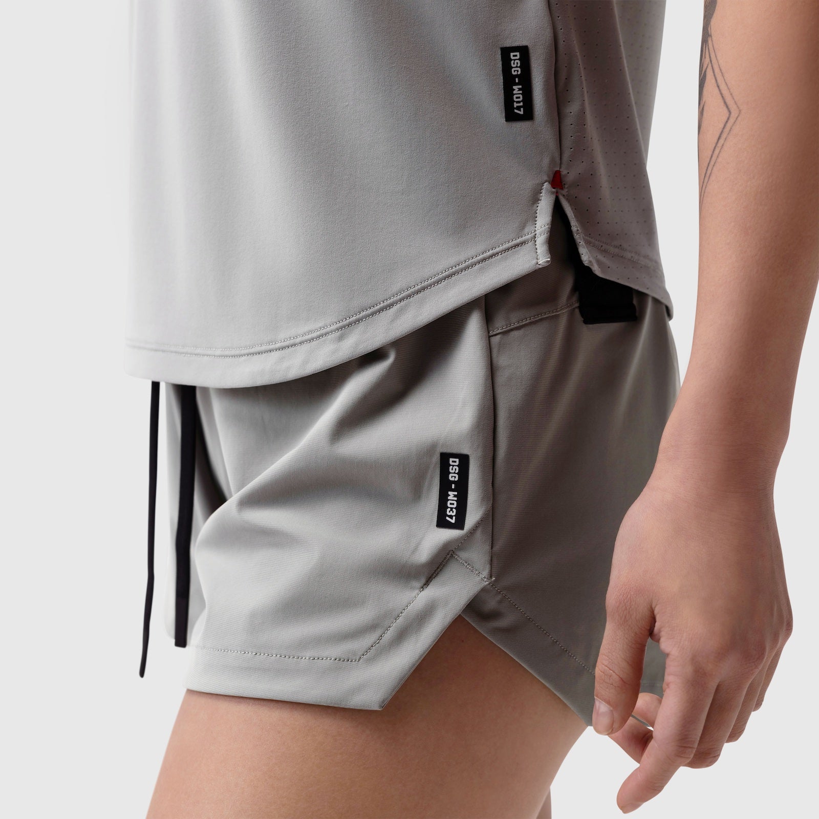 Laser-Vent Established Tee in slate grey worn with matching shorts, detail view