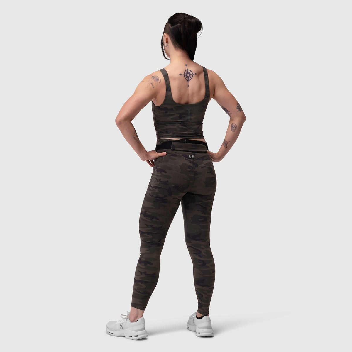 LYCRA® 2-in-1 tank top in dark camo, back view on model
