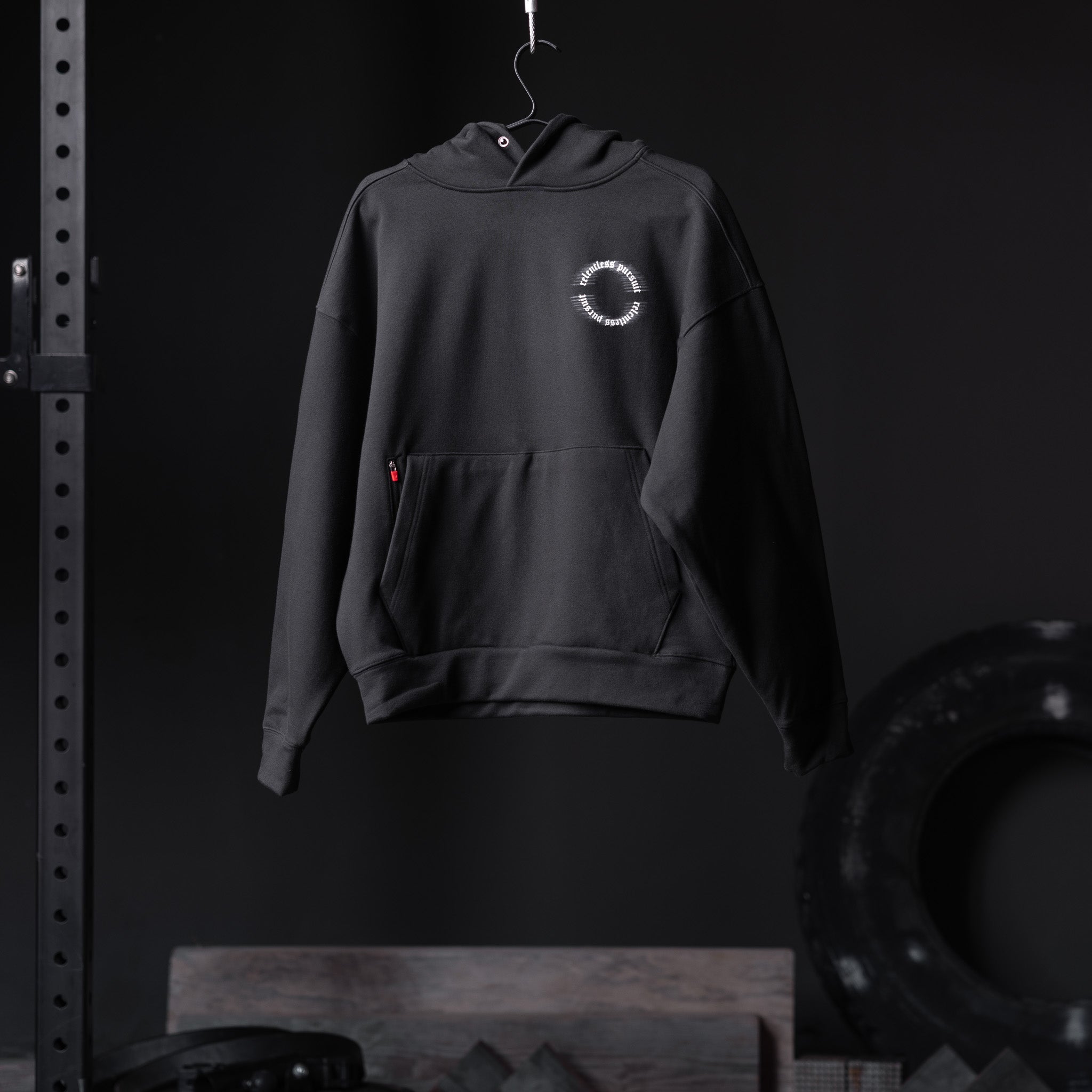 Flatlay Tech-Terry Zip Pocket Hoodie in black, front view