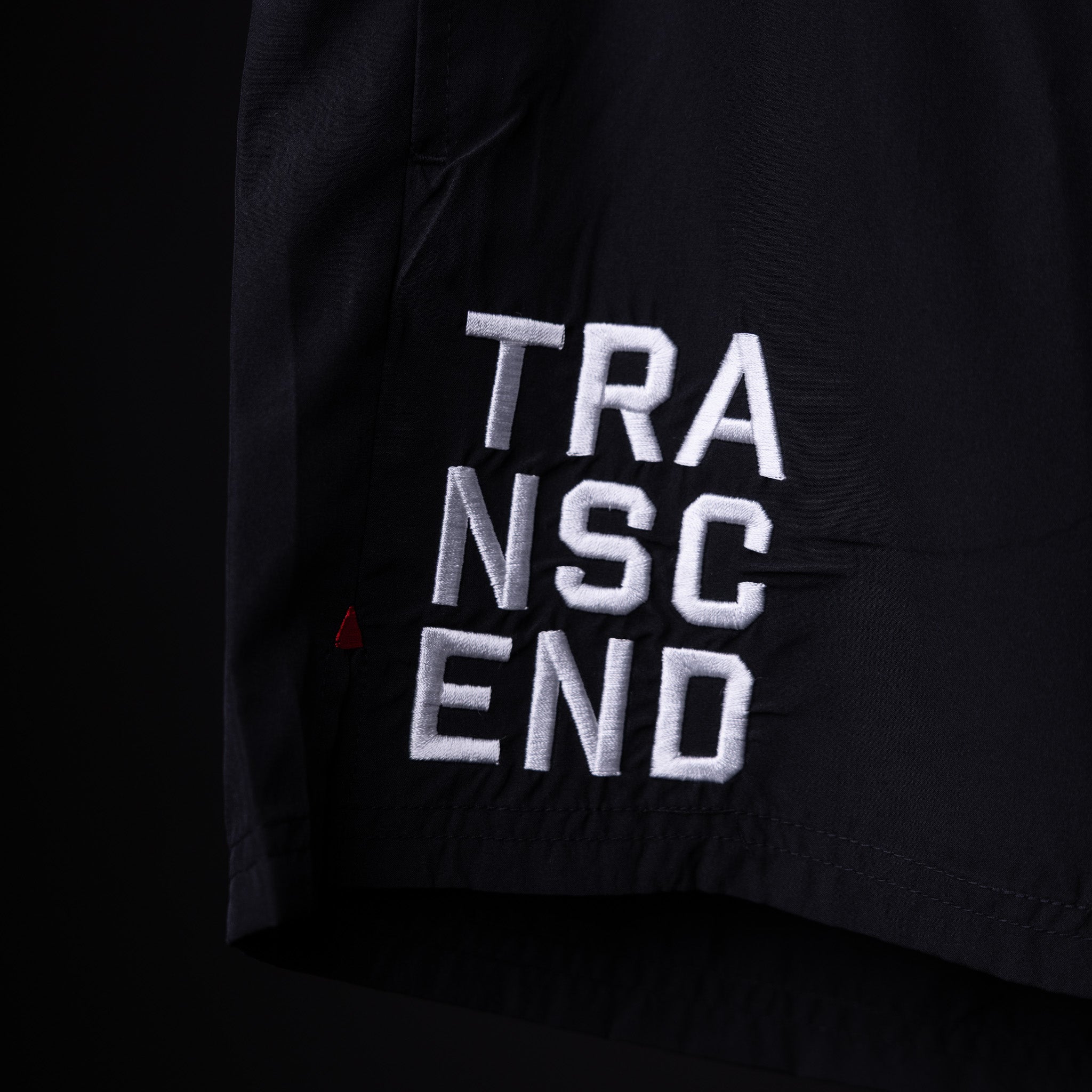 SP'22 Vintage 5" Training Short in black, detail shot of embroidered TRANSCEND logo