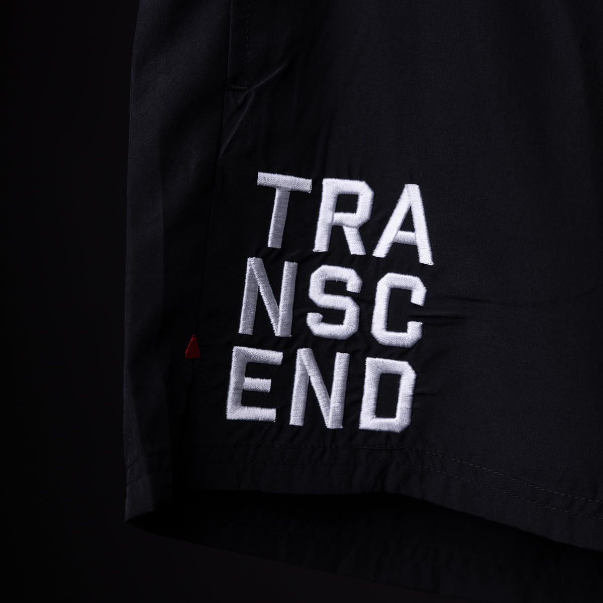 SP'22 Vintage 5" Training Short detail shot showing embroidered 'TRANSCEND' text on black fabric