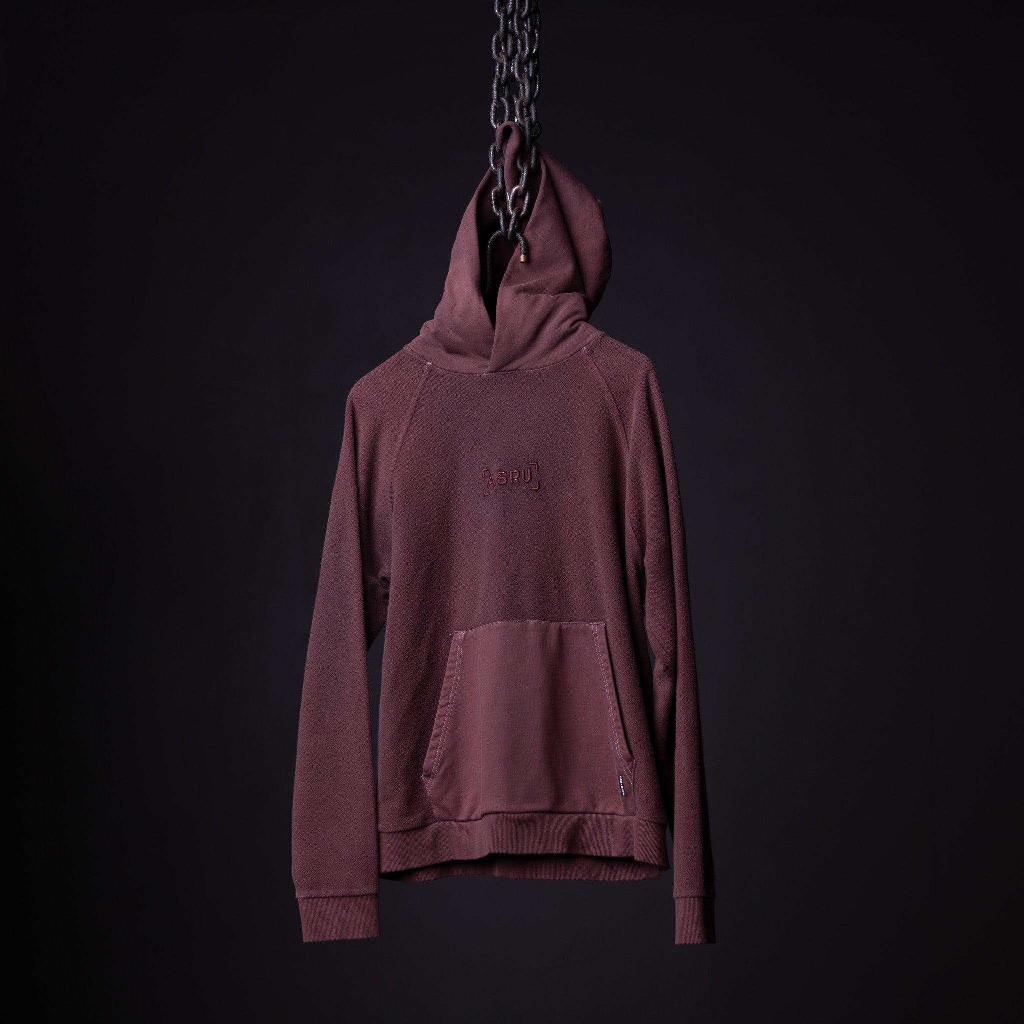 FA'19 Reverse Weave Hoodie in burgundy, displayed on invisible form against black background