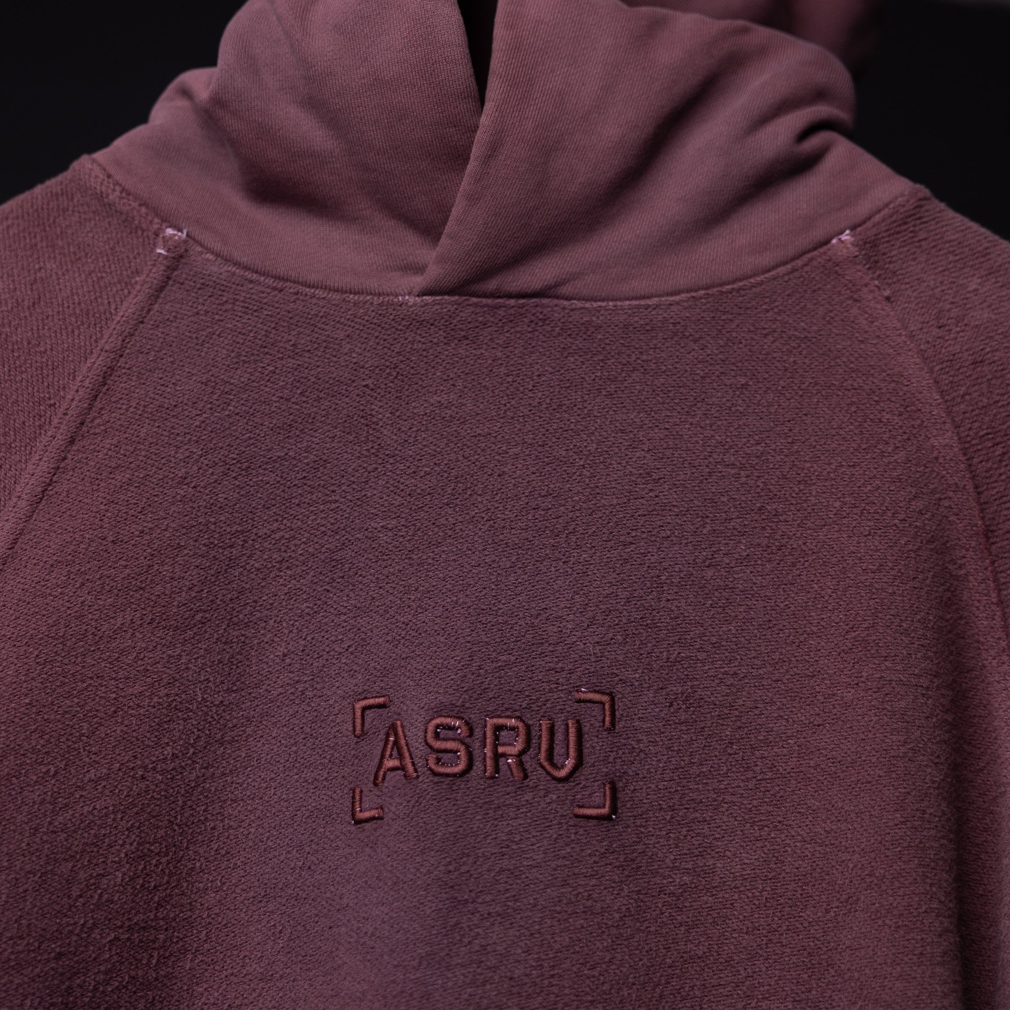 FA'19 Reverse Weave Hoodie in burgundy, worn with drawstring detail visible