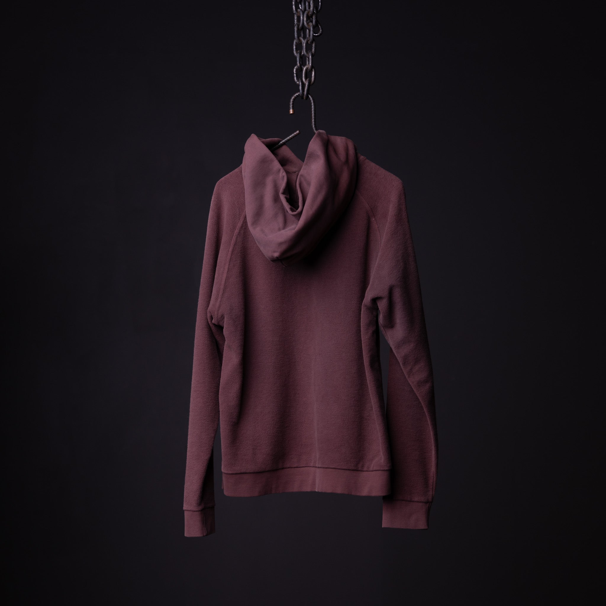 Burgundy reverse weave hoodie displayed on hanger against dark background, back view