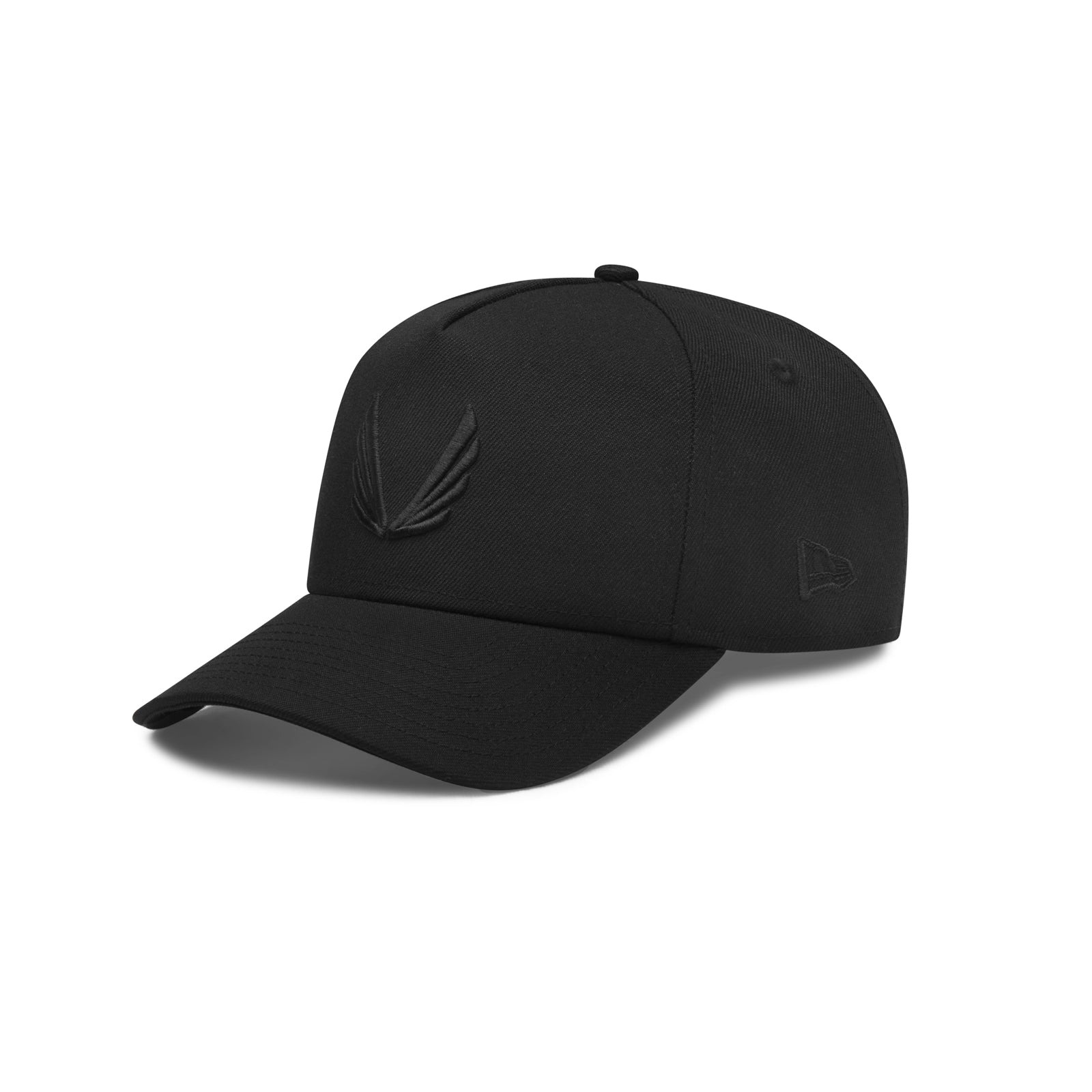 New Era 9Forty A-Frame Hat in black with embroidered logo, three-quarter view