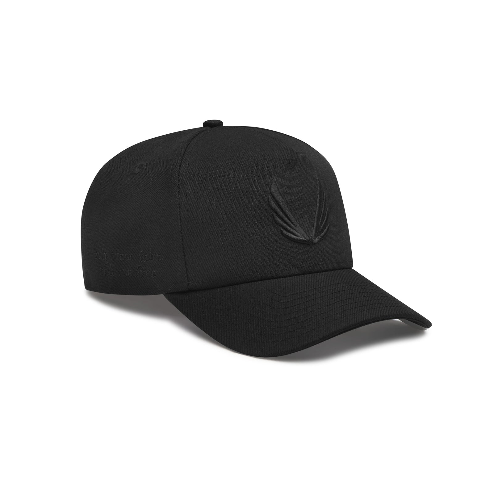 flatlay New Era 9Forty A-Frame Hat in black with embroidered logo, angled side view