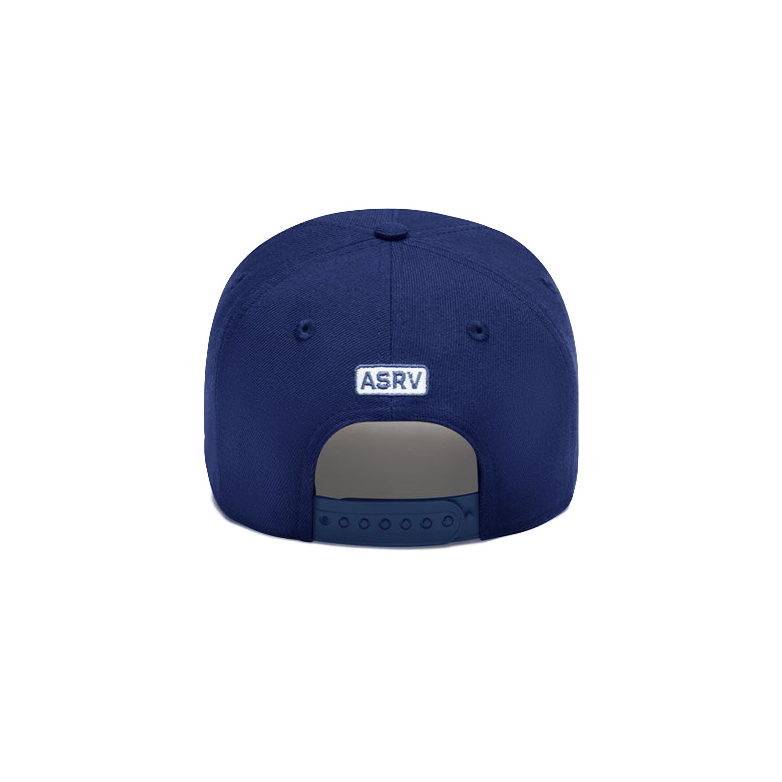 flatlay New Era 9Forty A-Frame Hat in deep blue with white ASRV logo, back view