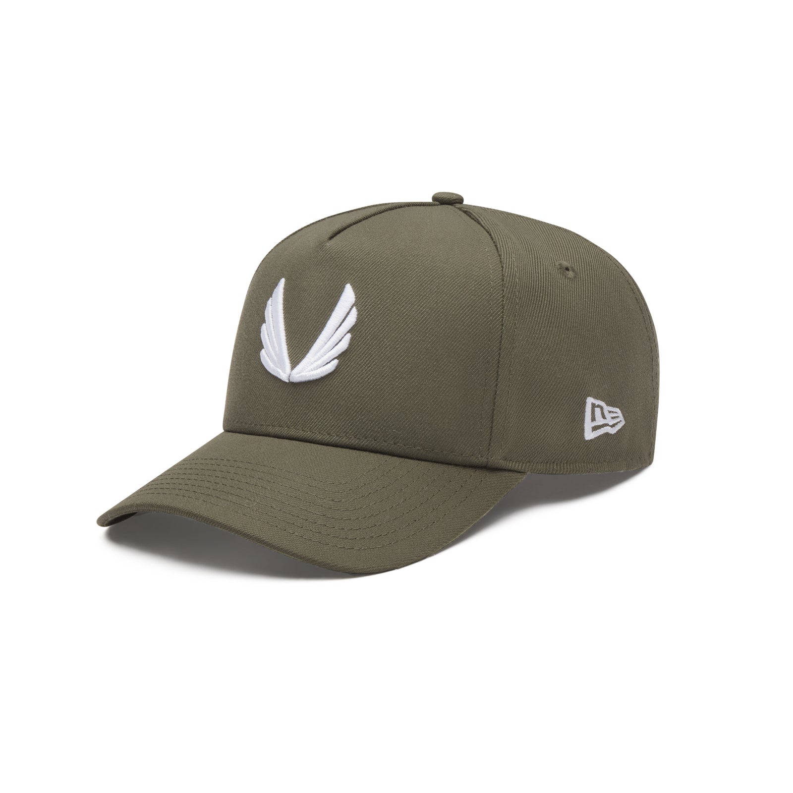 flatlay New Era 9Forty A-Frame Hat in faded olive with white wing logo, angled side view