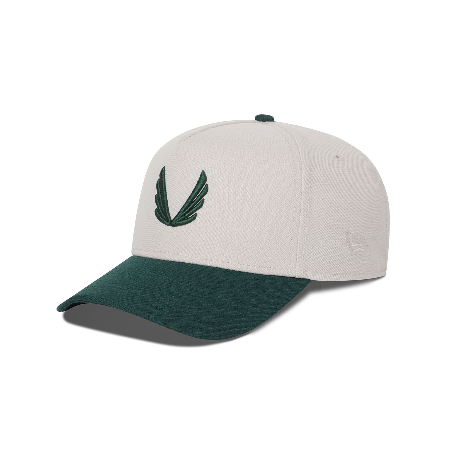 flatlay New Era 9Forty A-Frame Hat in stone and forest green, front view